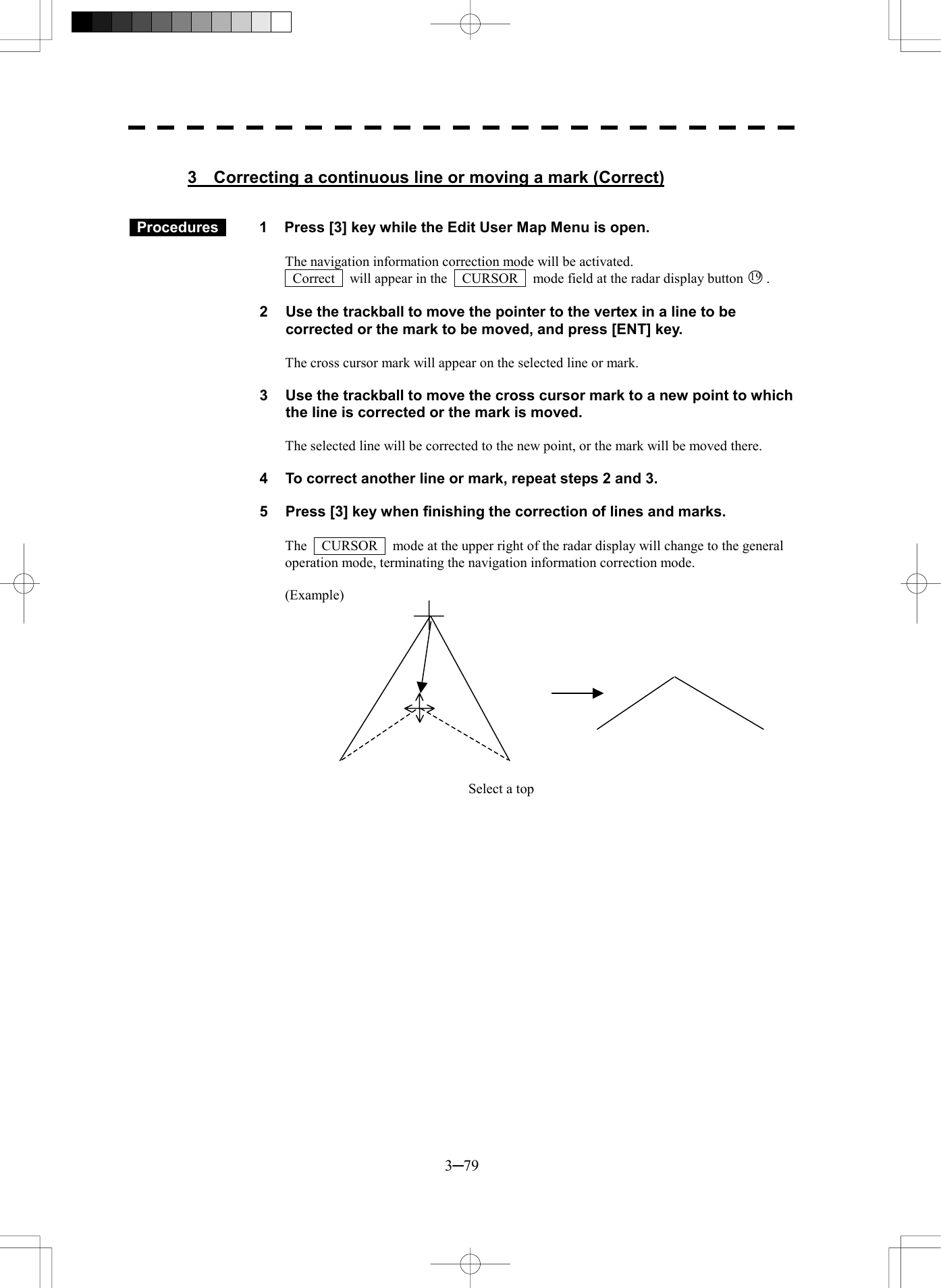  3─79  3    Correcting a continuous line or moving a mark (Correct)    Procedures   1  Press [3] key while the Edit User Map Menu is open.  The navigation information correction mode will be activated.   Correct    will appear in the    CURSOR    mode field at the radar display button 19 .   2  Use the trackball to move the pointer to the vertex in a line to be corrected or the mark to be moved, and press [ENT] key.  The cross cursor mark will appear on the selected line or mark.  3  Use the trackball to move the cross cursor mark to a new point to which the line is corrected or the mark is moved.  The selected line will be corrected to the new point, or the mark will be moved there.  4  To correct another line or mark, repeat steps 2 and 3.  5  Press [3] key when finishing the correction of lines and marks.  The    CURSOR    mode at the upper right of the radar display will change to the general operation mode, terminating the navigation information correction mode.  (Example)            Select a top  