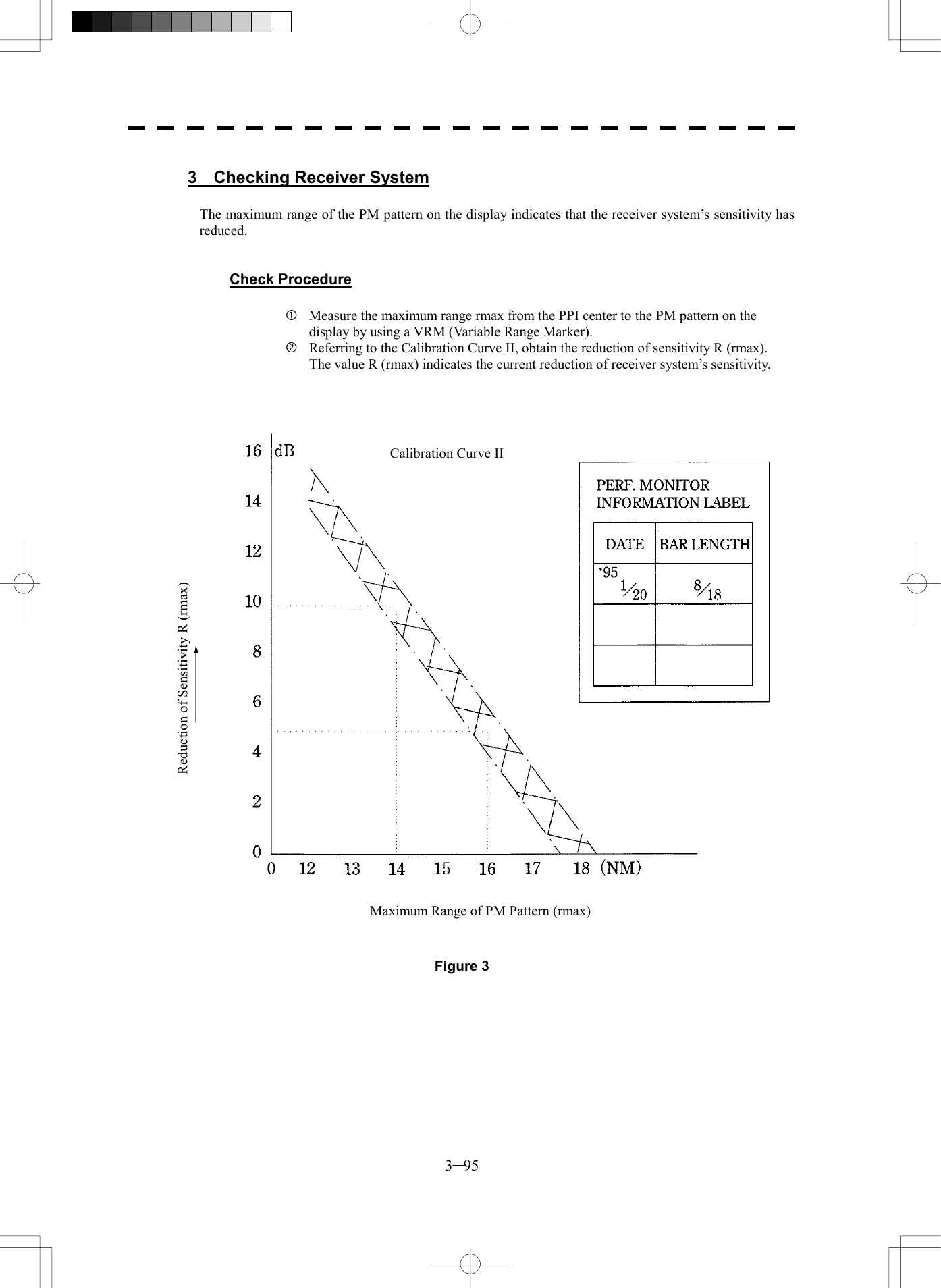  3─95  3  Checking Receiver System  The maximum range of the PM pattern on the display indicates that the receiver system&rsquo;s sensitivity has reduced.   Check Procedure    Measure the maximum range rmax from the PPI center to the PM pattern on the display by using a VRM (Variable Range Marker).   Referring to the Calibration Curve II, obtain the reduction of sensitivity R (rmax).   The value R (rmax) indicates the current reduction of receiver system&rsquo;s sensitivity.       Figure 3 Calibration Curve IIReduction of Sensitivity R (rmax) Maximum Range of PM Pattern (rmax) 