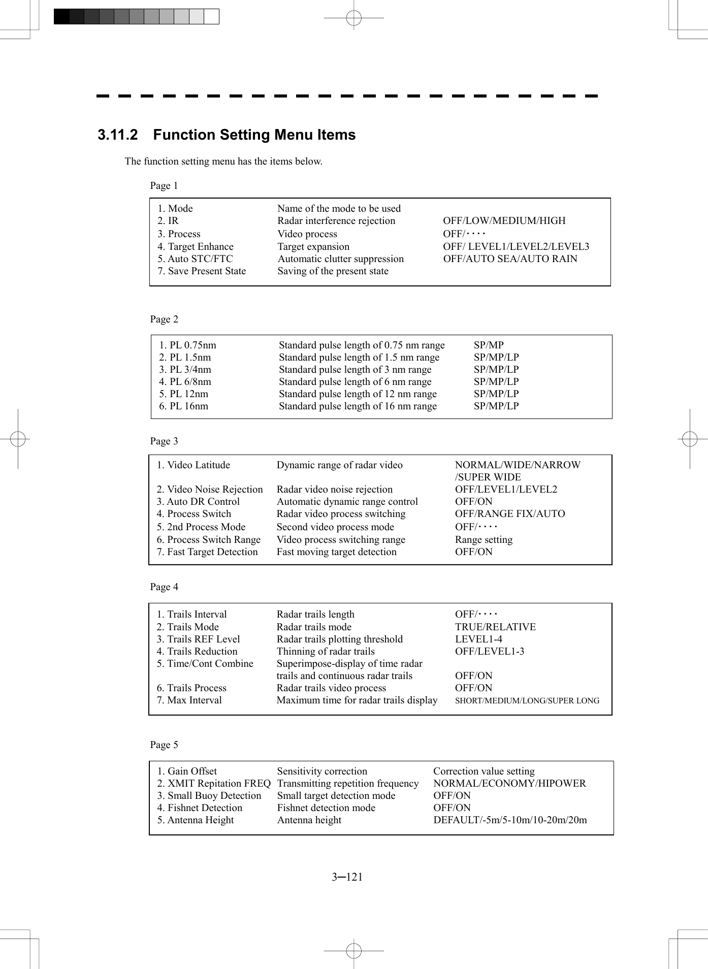  3─121  3.11.2    Function Setting Menu Items  The function setting menu has the items below.  Page 1           Page 2          Page 3            Page 4             Page 5        1. Mode  Name of the mode to be used 2. IR  Radar interference rejection  OFF/LOW/MEDIUM/HIGH 3. Process  Video process  OFF/････ 4. Target Enhance  Target expansion  OFF/ LEVEL1/LEVEL2/LEVEL3 5. Auto STC/FTC  Automatic clutter suppression  OFF/AUTO SEA/AUTO RAIN 7. Save Present State  Saving of the present state 1. PL 0.75nm  Standard pulse length of 0.75 nm range  SP/MP 2. PL 1.5nm  Standard pulse length of 1.5 nm range  SP/MP/LP 3. PL 3/4nm  Standard pulse length of 3 nm range  SP/MP/LP 4. PL 6/8nm  Standard pulse length of 6 nm range  SP/MP/LP 5. PL 12nm  Standard pulse length of 12 nm range  SP/MP/LP 6. PL 16nm  Standard pulse length of 16 nm range  SP/MP/LP 1. Video Latitude  Dynamic range of radar video  NORMAL/WIDE/NARROW    /SUPER WIDE 2. Video Noise Rejection  Radar video noise rejection  OFF/LEVEL1/LEVEL2 3. Auto DR Control  Automatic dynamic range control  OFF/ON 4. Process Switch  Radar video process switching  OFF/RANGE FIX/AUTO 5. 2nd Process Mode  Second video process mode  OFF/････ 6. Process Switch Range  Video process switching range  Range setting 7. Fast Target Detection  Fast moving target detection  OFF/ON 1. Trails Interval  Radar trails length  OFF/････ 2. Trails Mode  Radar trails mode  TRUE/RELATIVE 3. Trails REF Level  Radar trails plotting threshold  LEVEL1-4 4. Trails Reduction  Thinning of radar trails  OFF/LEVEL1-3 5. Time/Cont Combine  Superimpose-display of time radar     trails and continuous radar trails  OFF/ON 6. Trails Process  Radar trails video process  OFF/ON 7. Max Interval  Maximum time for radar trails display  SHORT/MEDIUM/LONG/SUPER LONG1. Gain Offset  Sensitivity correction  Correction value setting 2. XMIT Repitation FREQ  Transmitting repetition frequency  NORMAL/ECONOMY/HIPOWER 3. Small Buoy Detection  Small target detection mode  OFF/ON 4. Fishnet Detection  Fishnet detection mode  OFF/ON 5. Antenna Height  Antenna height  DEFAULT/-5m/5-10m/10-20m/20m 