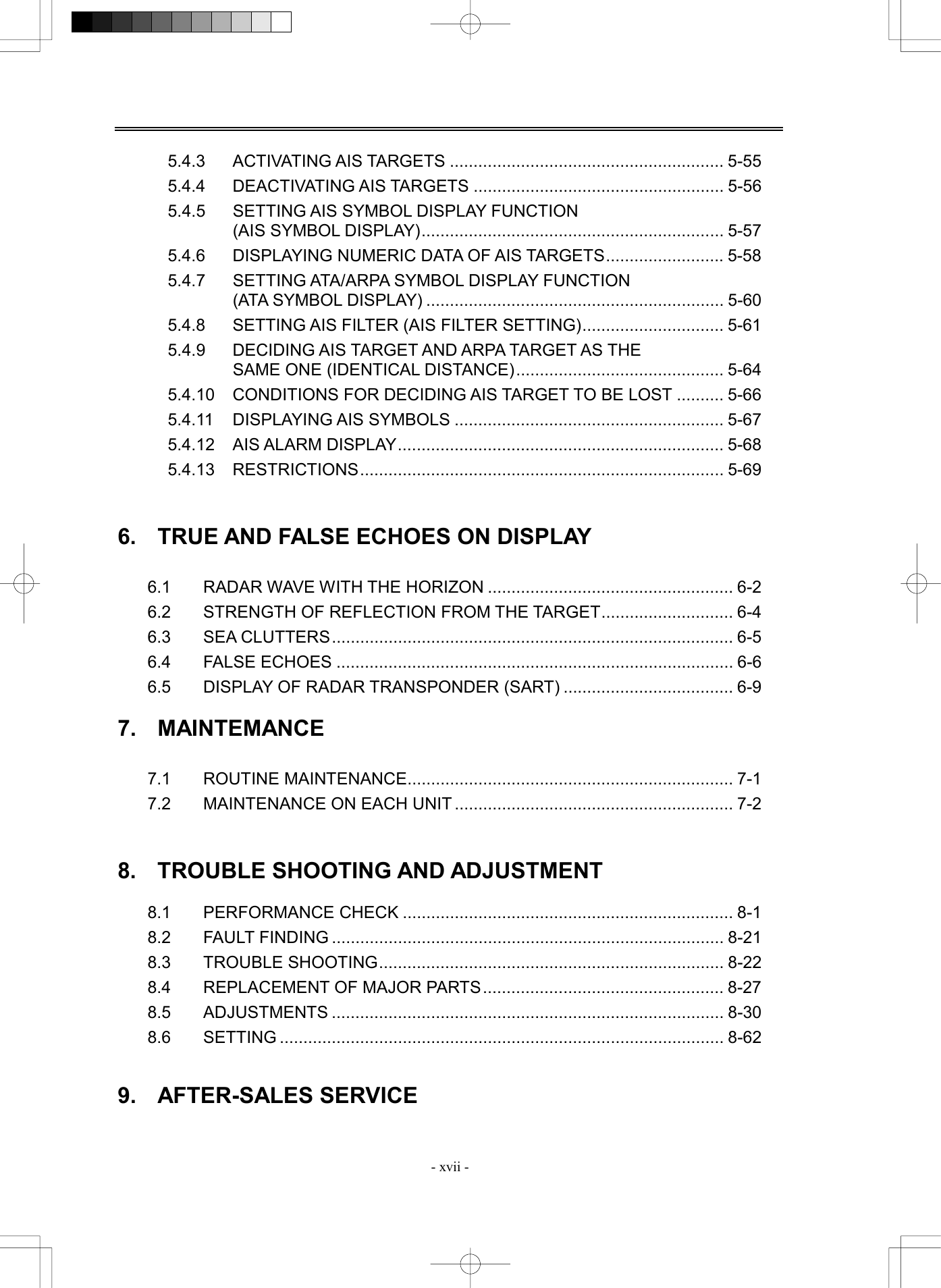  - xvii - 5.4.3 ACTIVATING AIS TARGETS .......................................................... 5-55 5.4.4 DEACTIVATING AIS TARGETS ..................................................... 5-56 5.4.5  SETTING AIS SYMBOL DISPLAY FUNCTION   (AIS SYMBOL DISPLAY)................................................................ 5-57 5.4.6  DISPLAYING NUMERIC DATA OF AIS TARGETS......................... 5-58 5.4.7  SETTING ATA/ARPA SYMBOL DISPLAY FUNCTION   (ATA SYMBOL DISPLAY) ............................................................... 5-60 5.4.8  SETTING AIS FILTER (AIS FILTER SETTING).............................. 5-61 5.4.9  DECIDING AIS TARGET AND ARPA TARGET AS THE   SAME ONE (IDENTICAL DISTANCE)............................................ 5-64 5.4.10  CONDITIONS FOR DECIDING AIS TARGET TO BE LOST .......... 5-66 5.4.11 DISPLAYING AIS SYMBOLS ......................................................... 5-67 5.4.12 AIS ALARM DISPLAY..................................................................... 5-68 5.4.13 RESTRICTIONS............................................................................. 5-69   6.  TRUE AND FALSE ECHOES ON DISPLAY  6.1  RADAR WAVE WITH THE HORIZON .................................................... 6-2 6.2  STRENGTH OF REFLECTION FROM THE TARGET............................ 6-4 6.3 SEA CLUTTERS..................................................................................... 6-5 6.4 FALSE ECHOES .................................................................................... 6-6 6.5  DISPLAY OF RADAR TRANSPONDER (SART) .................................... 6-9  7. MAINTEMANCE  7.1 ROUTINE MAINTENANCE..................................................................... 7-1 7.2 MAINTENANCE ON EACH UNIT ........................................................... 7-2   8.  TROUBLE SHOOTING AND ADJUSTMENT  8.1 PERFORMANCE CHECK ...................................................................... 8-1 8.2 FAULT FINDING ................................................................................... 8-21 8.3 TROUBLE SHOOTING......................................................................... 8-22 8.4  REPLACEMENT OF MAJOR PARTS................................................... 8-27 8.5 ADJUSTMENTS ................................................................................... 8-30 8.6 SETTING .............................................................................................. 8-62   9. AFTER-SALES SERVICE  
