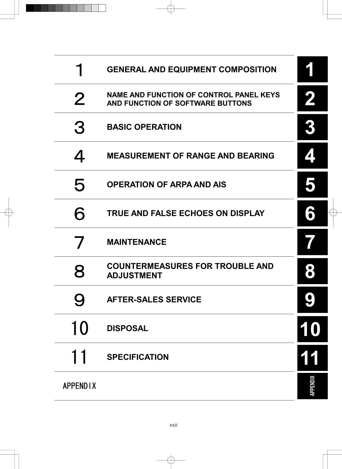   xxii 3 4 5 2 1 6 7 8 9 1011APPENDIXAPPENDIX １ GENERAL AND EQUIPMENT COMPOSITION ２ NAME AND FUNCTION OF CONTROL PANEL KEYS AND FUNCTION OF SOFTWARE BUTTONS ３ BASIC OPERATION ４ MEASUREMENT OF RANGE AND BEARING   ５ OPERATION OF ARPA AND AIS ６ TRUE AND FALSE ECHOES ON DISPLAY   ７ MAINTENANCE  ８ COUNTERMEASURES FOR TROUBLE AND ADJUSTMENT ９ AFTER-SALES SERVICE 10  DISPOSAL 11  SPECIFICATION APPENDIX     
