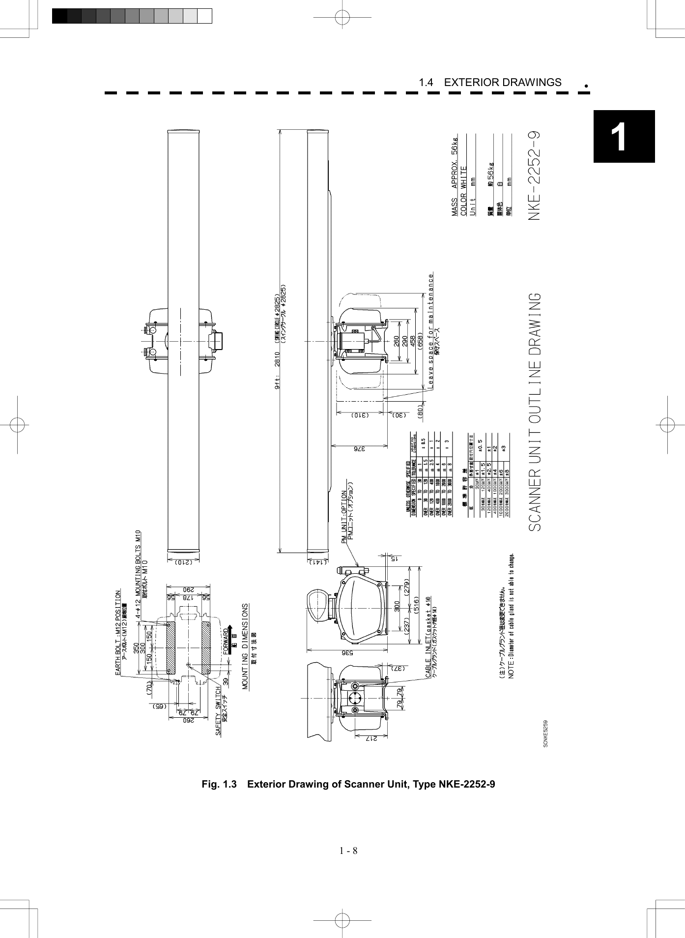  1 - 8 1.4  EXTERIOR DRAWINGS 1   Fig. 1.3    Exterior Drawing of Scanner Unit, Type NKE-2252-9 