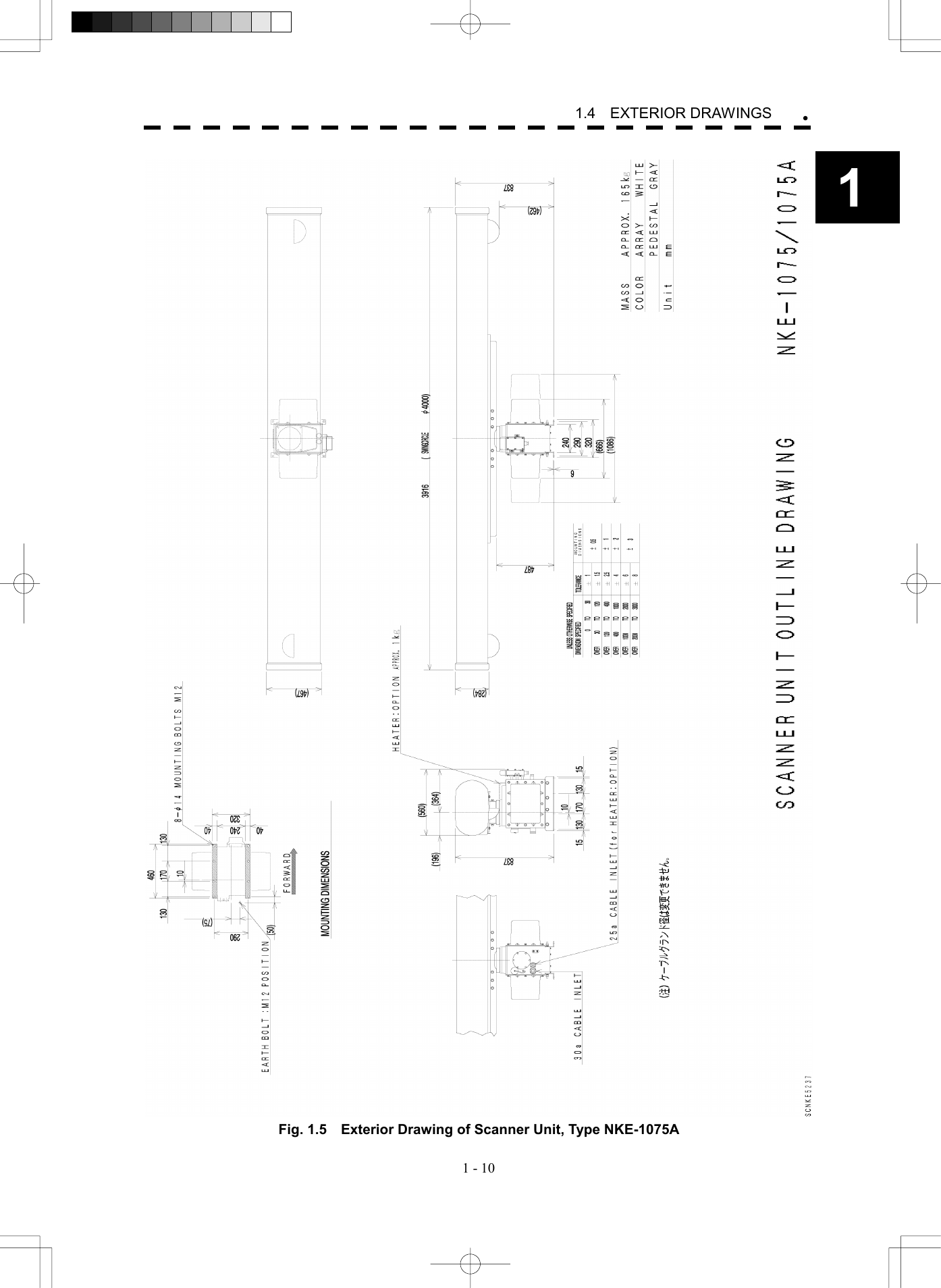  1 - 10 1.4  EXTERIOR DRAWINGS 1Fig. 1.5    Exterior Drawing of Scanner Unit, Type NKE-1075A 