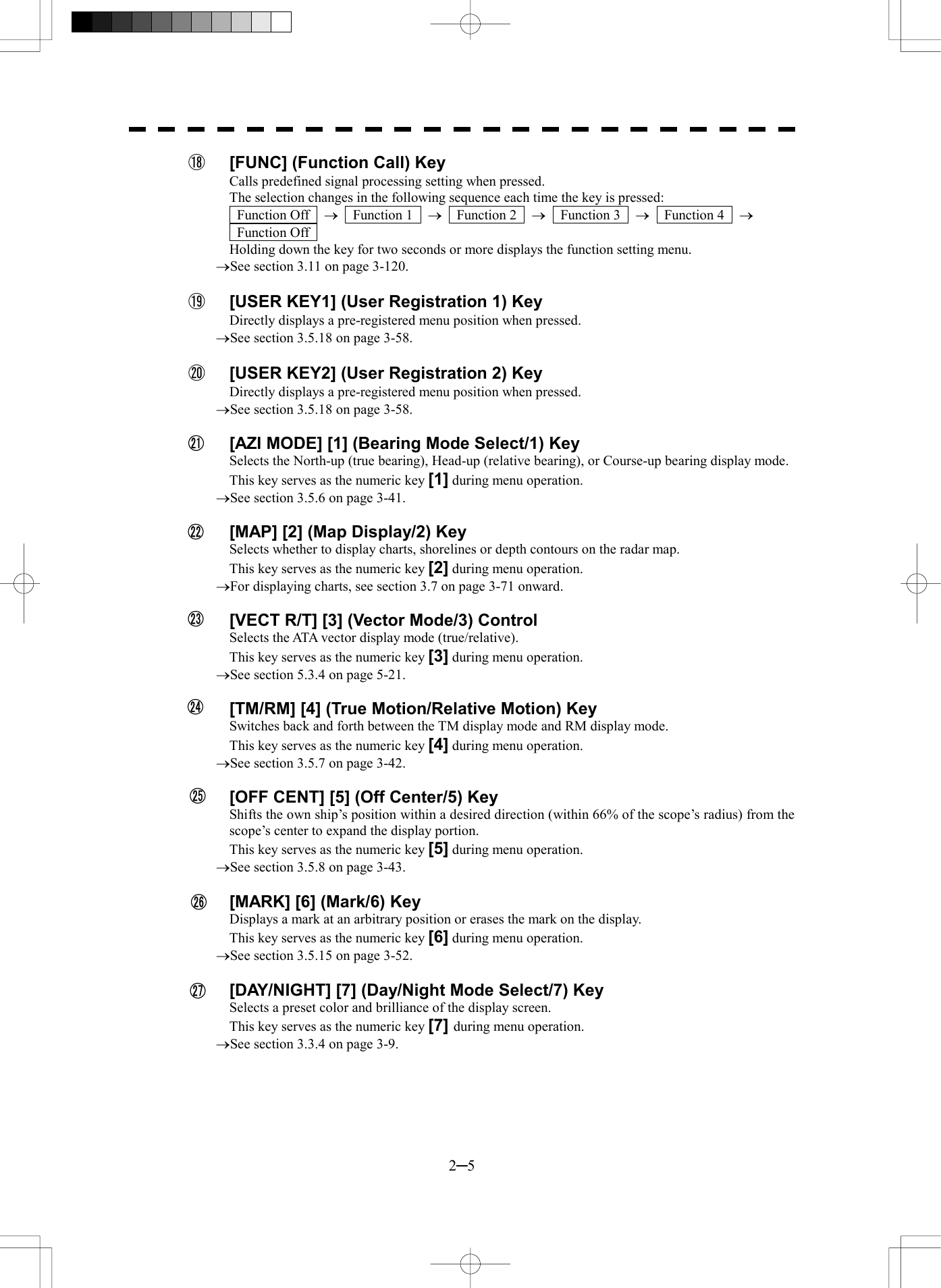 2─5 ⑱  [FUNC] (Function Call) Key Calls predefined signal processing setting when pressed. The selection changes in the following sequence each time the key is pressed:  Function Off  &reg;  Function 1  &reg;  Function 2  &reg;  Function 3  &reg;  Function 4  &reg;   Function Off  Holding down the key for two seconds or more displays the function setting menu. &reg;See section 3.11 on page 3-120.  ⑲  [USER KEY1] (User Registration 1) Key Directly displays a pre-registered menu position when pressed. &reg;See section 3.5.18 on page 3-58.  ⑳  [USER KEY2] (User Registration 2) Key Directly displays a pre-registered menu position when pressed. &reg;See section 3.5.18 on page 3-58.    [AZI MODE] [1] (Bearing Mode Select/1) Key Selects the North-up (true bearing), Head-up (relative bearing), or Course-up bearing display mode. This key serves as the numeric key [1] during menu operation. &reg;See section 3.5.6 on page 3-41.    [MAP] [2] (Map Display/2) Key Selects whether to display charts, shorelines or depth contours on the radar map. This key serves as the numeric key [2] during menu operation. &reg;For displaying charts, see section 3.7 on page 3-71 onward.    [VECT R/T] [3] (Vector Mode/3) Control Selects the ATA vector display mode (true/relative). This key serves as the numeric key [3] during menu operation. &reg;See section 5.3.4 on page 5-21.    [TM/RM] [4] (True Motion/Relative Motion) Key Switches back and forth between the TM display mode and RM display mode. This key serves as the numeric key [4] during menu operation. &reg;See section 3.5.7 on page 3-42.    [OFF CENT] [5] (Off Center/5) Key Shifts the own ship&rsquo;s position within a desired direction (within 66% of the scope&rsquo;s radius) from the scope&rsquo;s center to expand the display portion. This key serves as the numeric key [5] during menu operation. &reg;See section 3.5.8 on page 3-43.    [MARK] [6] (Mark/6) Key Displays a mark at an arbitrary position or erases the mark on the display. This key serves as the numeric key [6] during menu operation. &reg;See section 3.5.15 on page 3-52.    [DAY/NIGHT] [7] (Day/Night Mode Select/7) Key Selects a preset color and brilliance of the display screen. This key serves as the numeric key [7] during menu operation. &reg;See section 3.3.4 on page 3-9.  21222324252726