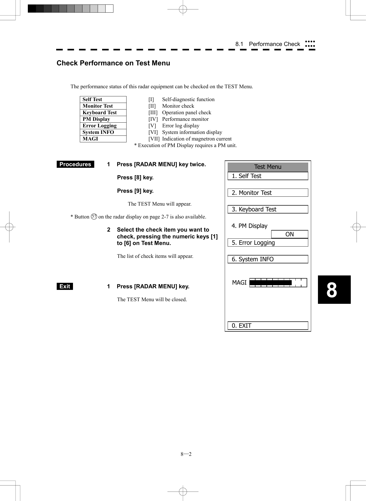  8─2 88.1  Performance Check Test Menu1. Self Test2. Monitor Test3. Keyboard Test4. PM DisplayON5. Error Logging6. System INFO 0. EXIT MAGI Check Performance on Test Menu   The performance status of this radar equipment can be checked on the TEST Menu.  Self Test  [I]   Self-diagnostic function Monitor Test  [II]   Monitor check Keyboard Test  [III]   Operation panel check PM Display  [IV] Performance monitor Error Logging  [V]  Error log display System INFO  [VI]  System information display MAGI  [VII]  Indication of magnetron current * Execution of PM Display requires a PM unit.    Procedures   1  Press [RADAR MENU] key twice.    Press [8] key.    Press [9] key.  The TEST Menu will appear.  * Button 57  on the radar display on page 2-7 is also available.  2  Select the check item you want to check, pressing the numeric keys [1] to [6] on Test Menu.  The list of check items will appear.      Exit   1  Press [RADAR MENU] key.  The TEST Menu will be closed.  