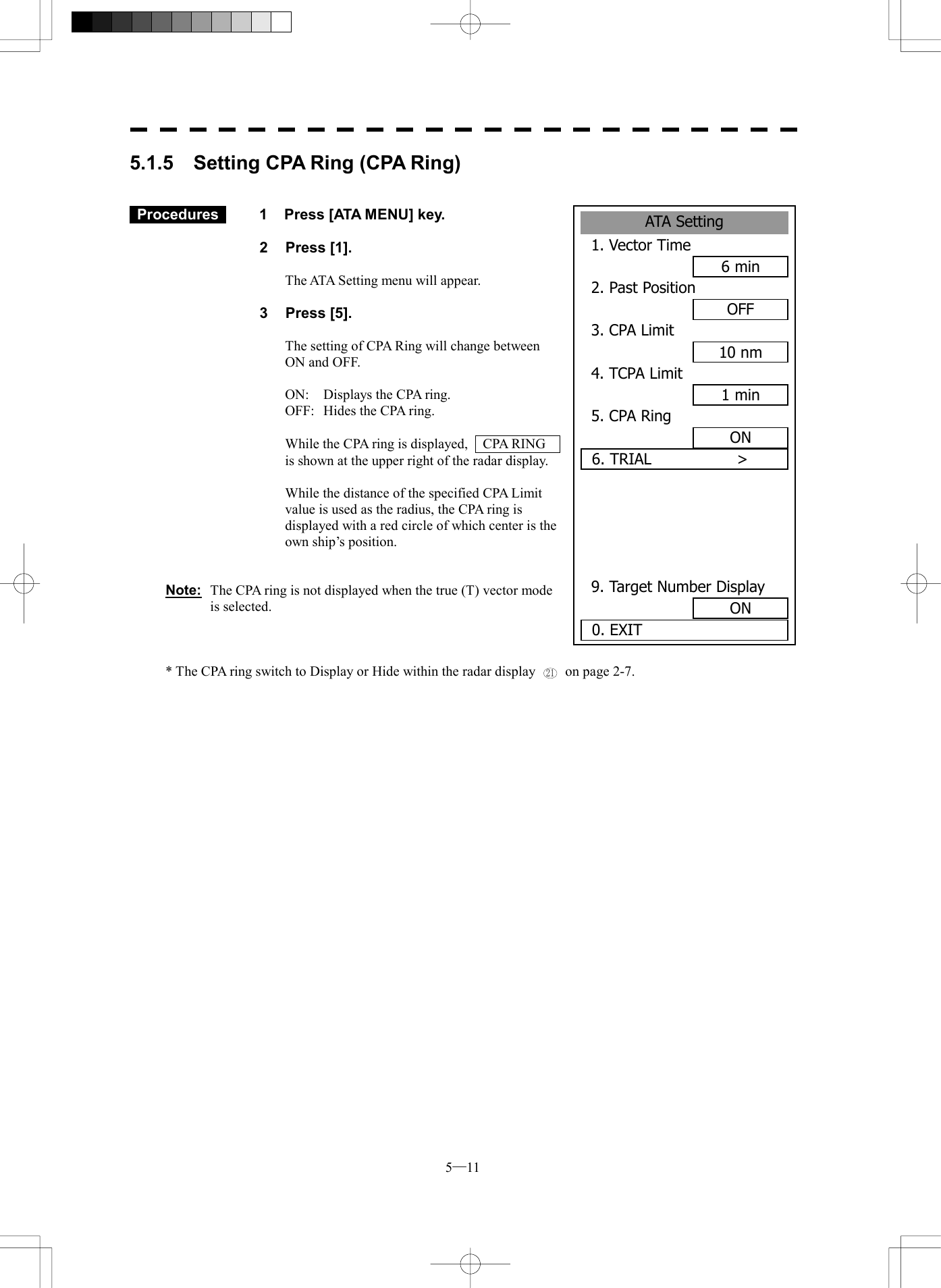  5─11 ATA Setting1. Vector Time6 min2. Past PositionOFF3. CPA Limit10 nm4. TCPA Limit1 min5. CPA RingON6. TRIAL           >  9. Target Number Display0. EXIT ON5.1.5    Setting CPA Ring (CPA Ring)    Procedures   1  Press [ATA MENU] key.  2 Press [1].  The ATA Setting menu will appear.  3 Press [5].  The setting of CPA Ring will change between ON and OFF.  ON:  Displays the CPA ring. OFF:  Hides the CPA ring.  While the CPA ring is displayed,    CPA RING   is shown at the upper right of the radar display.  While the distance of the specified CPA Limit value is used as the radius, the CPA ring is displayed with a red circle of which center is the own ship&rsquo;s position.   Note:  The CPA ring is not displayed when the true (T) vector mode is selected.    * The CPA ring switch to Display or Hide within the radar display 21  on page 2-7.   
