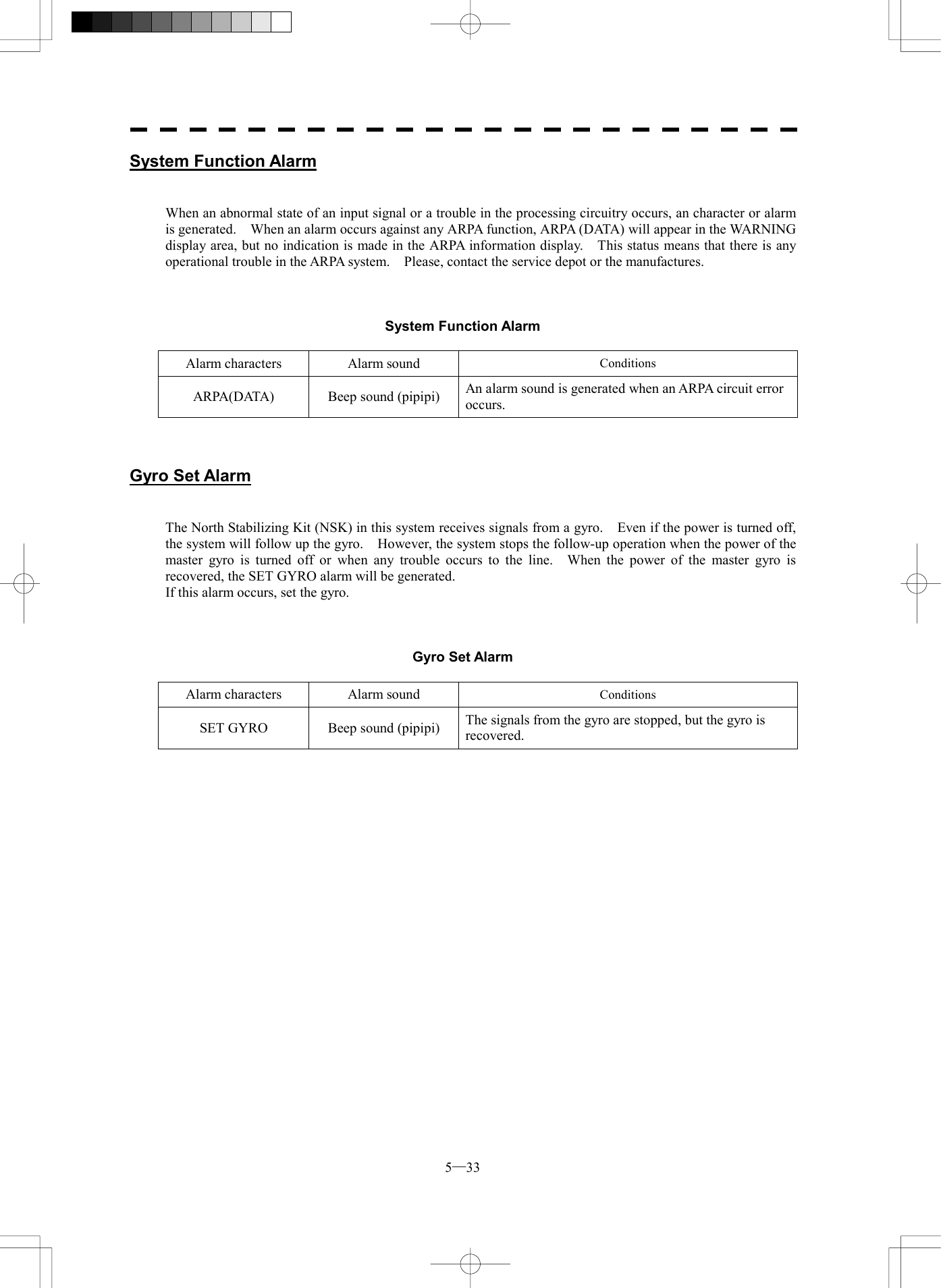  5─33 System Function Alarm   When an abnormal state of an input signal or a trouble in the processing circuitry occurs, an character or alarm is generated.    When an alarm occurs against any ARPA function, ARPA (DATA) will appear in the WARNING display area, but no indication is made in the ARPA information display.    This status means that there is any operational trouble in the ARPA system.    Please, contact the service depot or the manufactures.    System Function Alarm  Alarm characters Alarm sound Conditions ARPA(DATA) Beep sound (pipipi) An alarm sound is generated when an ARPA circuit error occurs.    Gyro Set Alarm   The North Stabilizing Kit (NSK) in this system receives signals from a gyro.    Even if the power is turned off, the system will follow up the gyro.    However, the system stops the follow-up operation when the power of the master gyro is turned off or when any trouble occurs to the line.  When the power of the master gyro is recovered, the SET GYRO alarm will be generated. If this alarm occurs, set the gyro.    Gyro Set Alarm  Alarm characters Alarm sound Conditions SET GYRO Beep sound (pipipi) The signals from the gyro are stopped, but the gyro is recovered.  