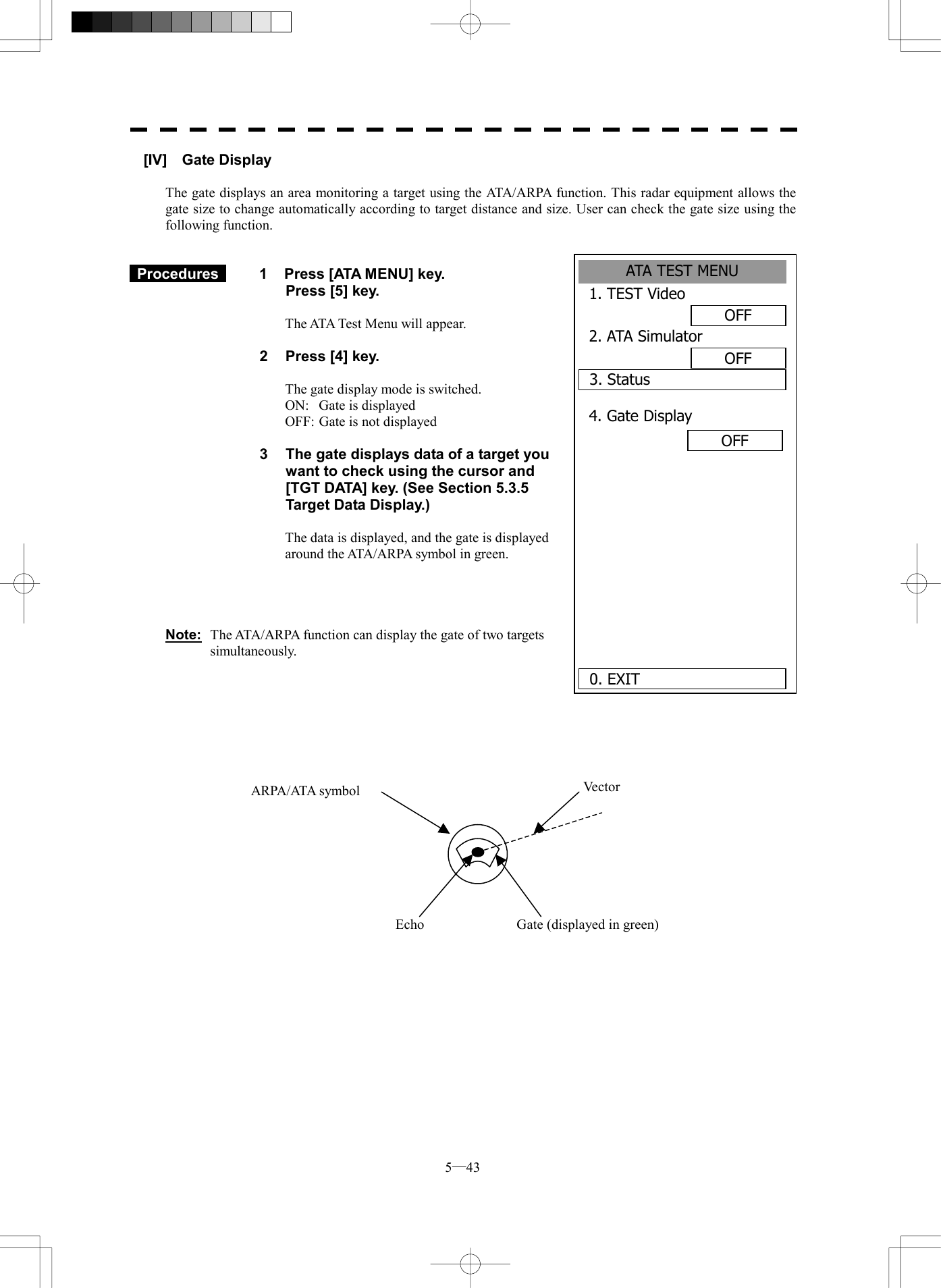  5─43 ATA TEST MENU1. TEST VideoOFF2. ATA SimulatorOFF3. Status4. Gate DisplayOFF     0. EXIT [IV]  Gate Display  The gate displays an area monitoring a target using the ATA/ARPA function. This radar equipment allows the gate size to change automatically according to target distance and size. User can check the gate size using the following function.    Procedures   1  Press [ATA MENU] key.   Press [5] key.  The ATA Test Menu will appear.  2  Press [4] key.  The gate display mode is switched. ON:  Gate is displayed OFF: Gate is not displayed  3  The gate displays data of a target you want to check using the cursor and [TGT DATA] key. (See Section 5.3.5 Target Data Display.)  The data is displayed, and the gate is displayed around the ATA/ARPA symbol in green.     Note:  The ATA/ARPA function can display the gate of two targets simultaneously.                    ARPA/ATA symbol  Vector Echo  Gate (displayed in green) 
