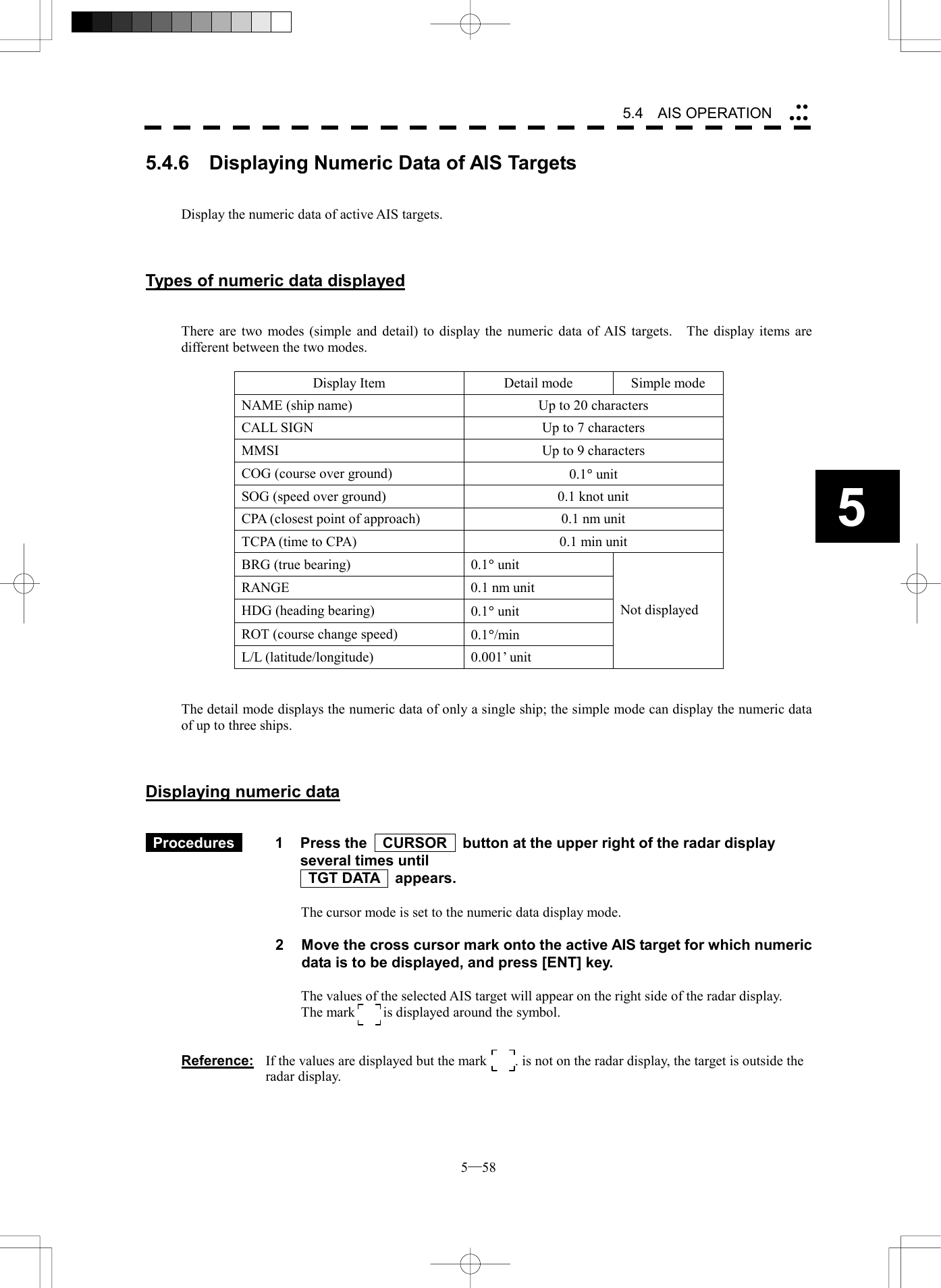  5─58 5.4   AIS OPERATION 55.4.6    Displaying Numeric Data of AIS Targets   Display the numeric data of active AIS targets.    Types of numeric data displayed   There are two modes (simple and detail) to display the numeric data of AIS targets.    The display items are different between the two modes.  Display Item  Detail mode  Simple mode NAME (ship name)  Up to 20 characters CALL SIGN  Up to 7 characters MMSI  Up to 9 characters COG (course over ground)  0.1&deg; unit SOG (speed over ground)  0.1 knot unit CPA (closest point of approach)  0.1 nm unit TCPA (time to CPA)  0.1 min unit BRG (true bearing)  0.1&deg; unit RANGE  0.1 nm unit HDG (heading bearing)  0.1&deg; unit ROT (course change speed)  0.1&deg;/min L/L (latitude/longitude)  0.001&rsquo; unit Not displayed   The detail mode displays the numeric data of only a single ship; the simple mode can display the numeric data of up to three ships.    Displaying numeric data    Procedures   1  Press the    CURSOR    button at the upper right of the radar display several times until  TGT DATA  appears.  The cursor mode is set to the numeric data display mode.  2  Move the cross cursor mark onto the active AIS target for which numeric data is to be displayed, and press [ENT] key.  The values of the selected AIS target will appear on the right side of the radar display. The mark      is displayed around the symbol.   Reference:  If the values are displayed but the mark     . is not on the radar display, the target is outside the radar display. 