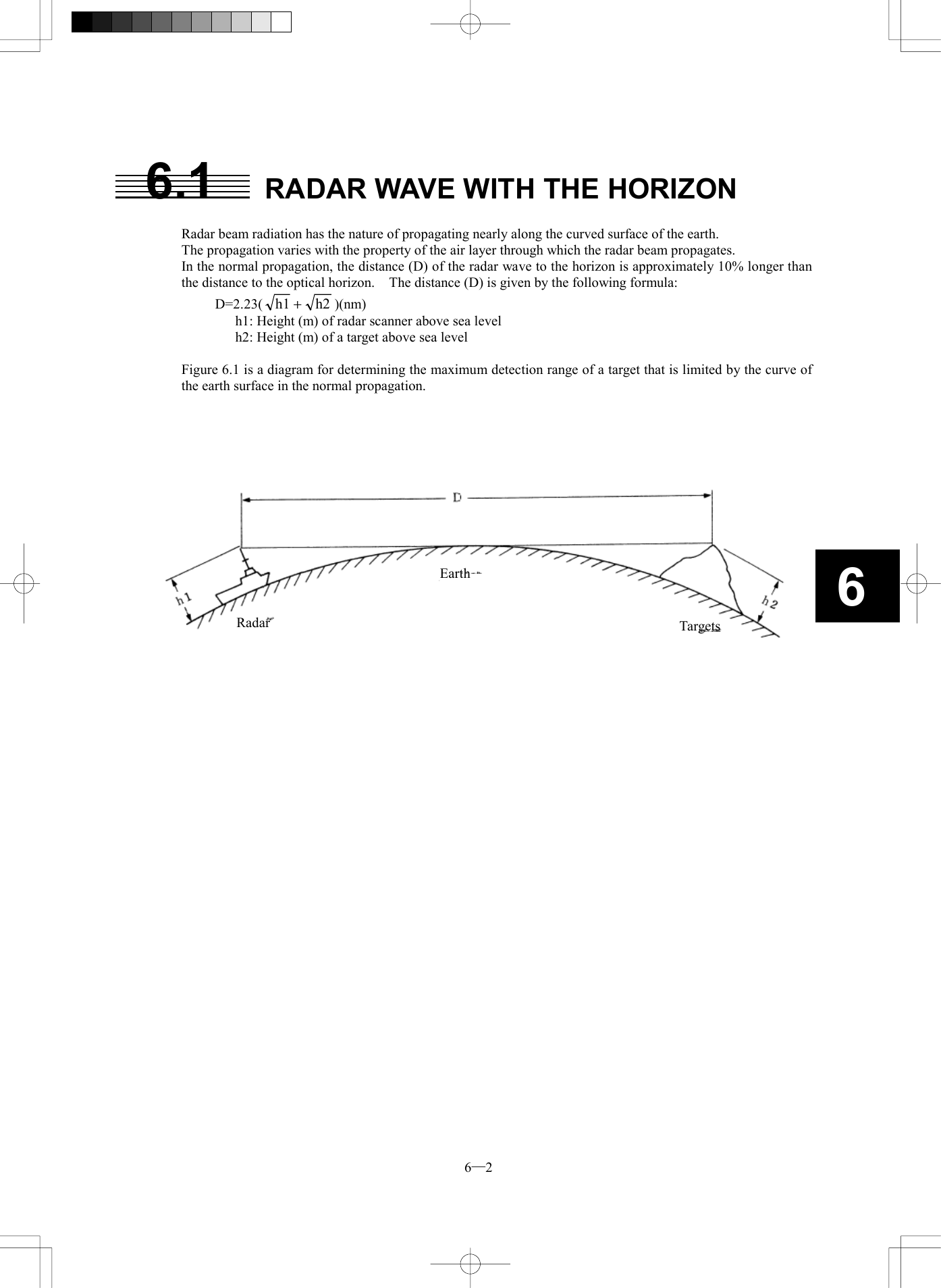 6─2 66.1  RADAR WAVE WITH THE HORIZON  Radar beam radiation has the nature of propagating nearly along the curved surface of the earth. The propagation varies with the property of the air layer through which the radar beam propagates. In the normal propagation, the distance (D) of the radar wave to the horizon is approximately 10% longer than the distance to the optical horizon.    The distance (D) is given by the following formula: D=2.23( h2h1 +)(nm) h1: Height (m) of radar scanner above sea level h2: Height (m) of a target above sea level  Figure 6.1 is a diagram for determining the maximum detection range of a target that is limited by the curve of the earth surface in the normal propagation.        Radar Earth Targets
