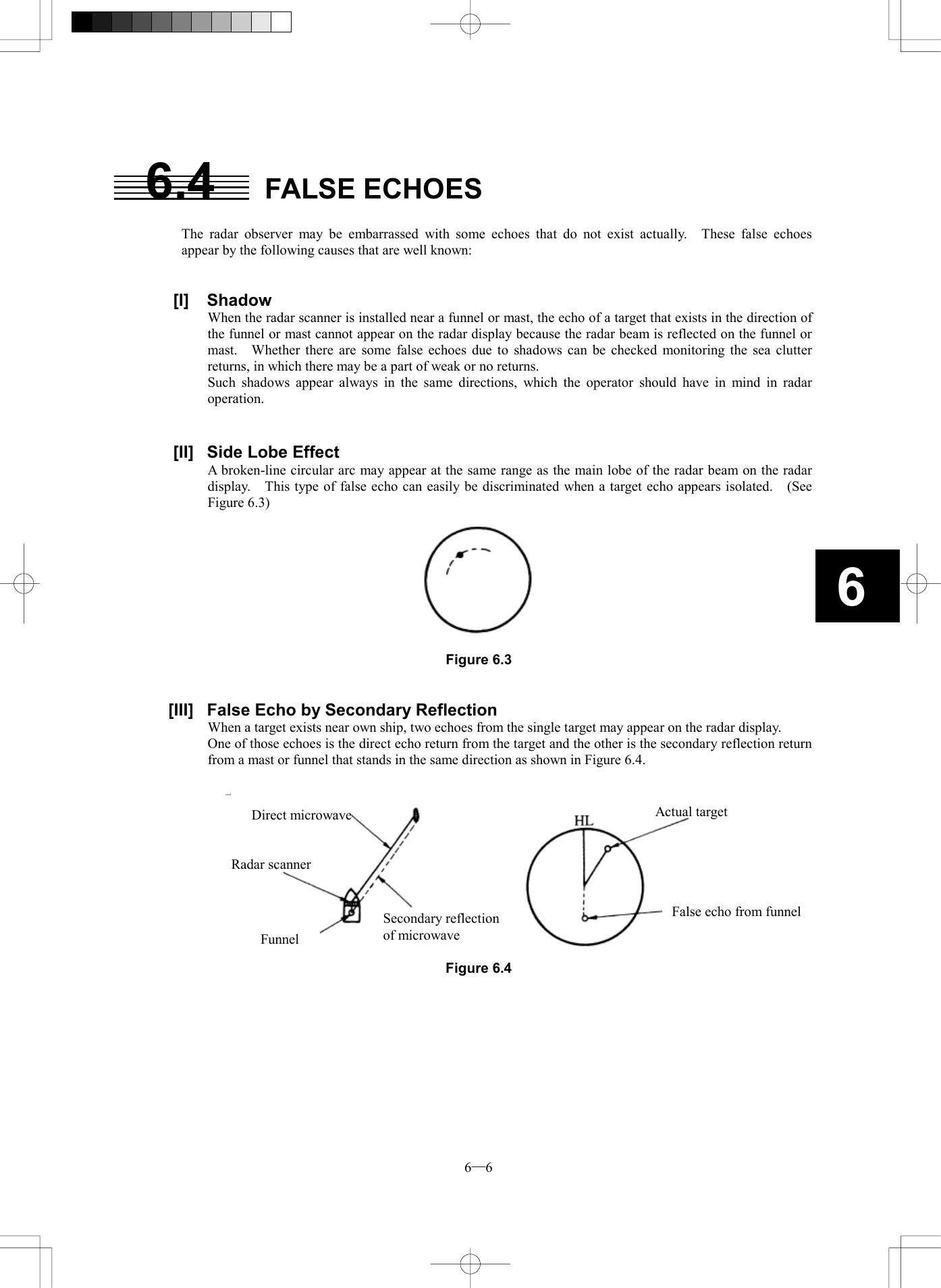  6─6 66.4 FALSE ECHOES  The radar observer may be embarrassed with some echoes that do not exist actually.  These false echoes appear by the following causes that are well known:   [I] Shadow When the radar scanner is installed near a funnel or mast, the echo of a target that exists in the direction of the funnel or mast cannot appear on the radar display because the radar beam is reflected on the funnel or mast.   Whether there are some false echoes due to shadows can be checked monitoring the sea clutter returns, in which there may be a part of weak or no returns. Such shadows appear always in the same directions, which the operator should have in mind in radar operation.   [II]  Side Lobe Effect A broken-line circular arc may appear at the same range as the main lobe of the radar beam on the radar display.    This type of false echo can easily be discriminated when a target echo appears isolated.    (See Figure 6.3)  Figure 6.3   [III]  False Echo by Secondary Reflection When a target exists near own ship, two echoes from the single target may appear on the radar display. One of those echoes is the direct echo return from the target and the other is the secondary reflection return from a mast or funnel that stands in the same direction as shown in Figure 6.4.   Figure 6.4    Direct microwaveRadar scanner Funnel Actual target Secondary reflection   of microwave False echo from funnel 