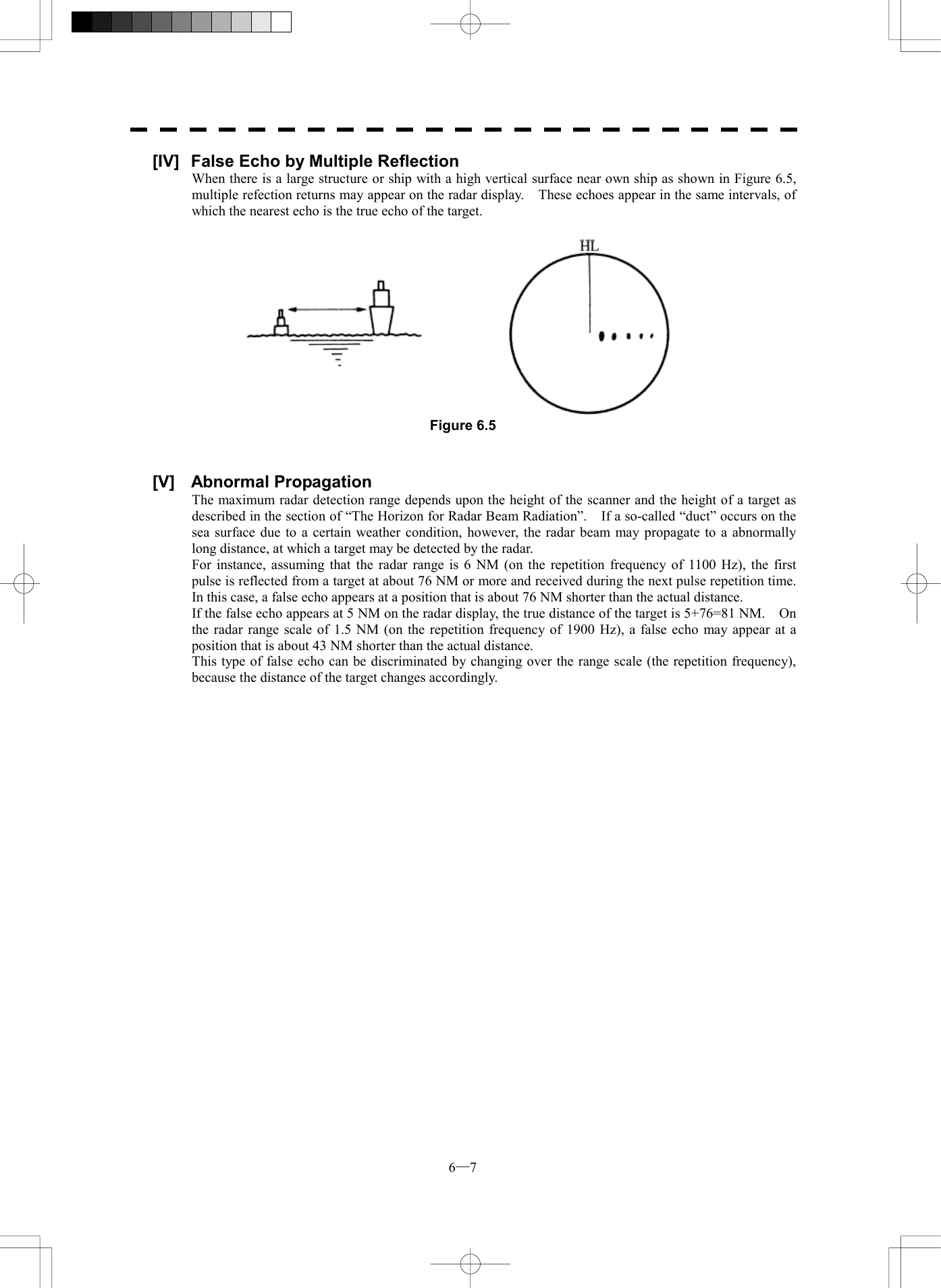  6─7 [IV]  False Echo by Multiple Reflection When there is a large structure or ship with a high vertical surface near own ship as shown in Figure 6.5, multiple refection returns may appear on the radar display.    These echoes appear in the same intervals, of which the nearest echo is the true echo of the target.   Figure 6.5   [V] Abnormal Propagation The maximum radar detection range depends upon the height of the scanner and the height of a target as described in the section of &ldquo;The Horizon for Radar Beam Radiation&rdquo;.    If a so-called &ldquo;duct&rdquo; occurs on the sea surface due to a certain weather condition, however, the radar beam may propagate to a abnormally long distance, at which a target may be detected by the radar. For instance, assuming that the radar range is 6 NM (on the repetition frequency of 1100 Hz), the first pulse is reflected from a target at about 76 NM or more and received during the next pulse repetition time.   In this case, a false echo appears at a position that is about 76 NM shorter than the actual distance. If the false echo appears at 5 NM on the radar display, the true distance of the target is 5+76=81 NM.    On the radar range scale of 1.5 NM (on the repetition frequency of 1900 Hz), a false echo may appear at a position that is about 43 NM shorter than the actual distance. This type of false echo can be discriminated by changing over the range scale (the repetition frequency), because the distance of the target changes accordingly.   