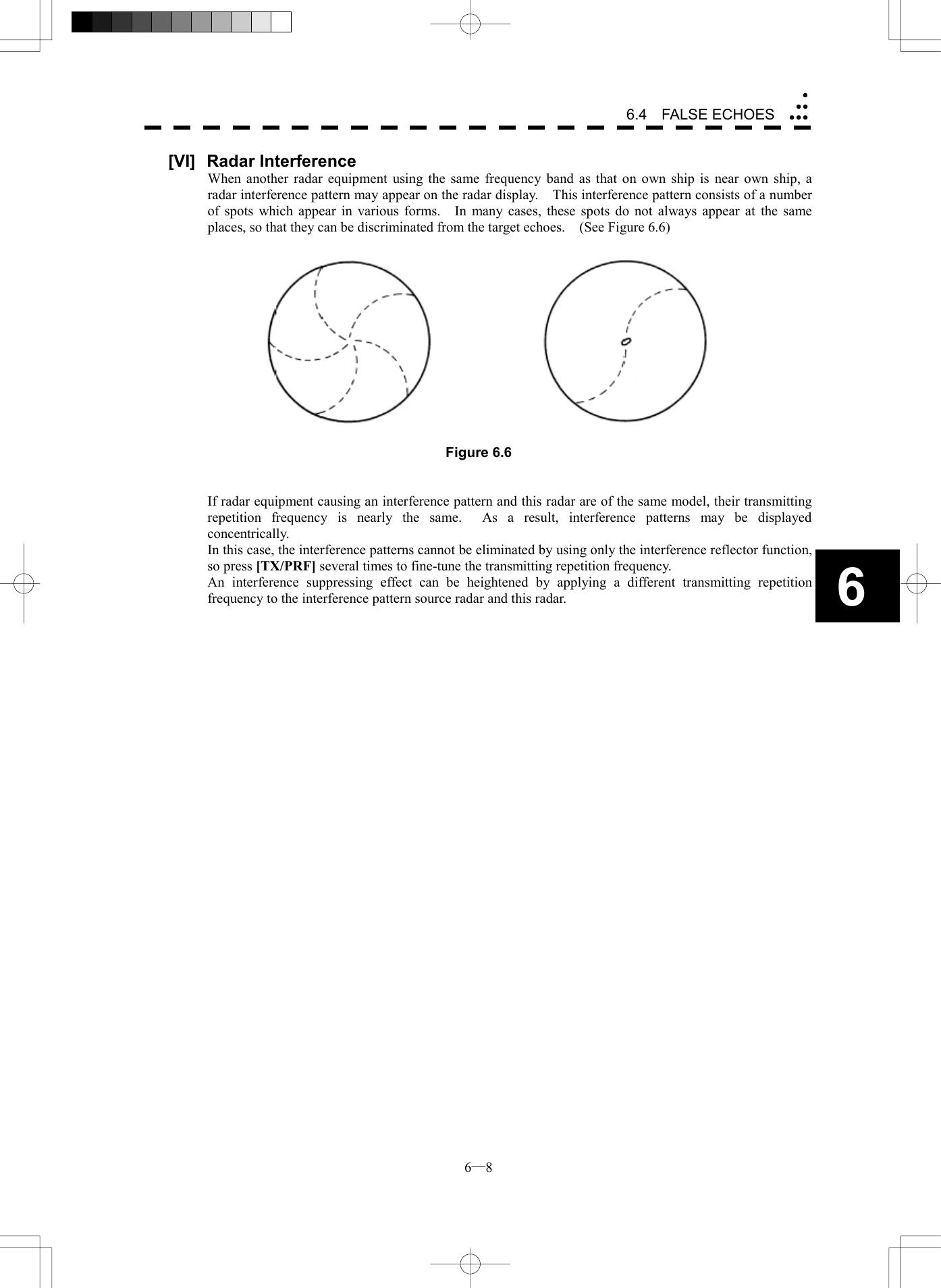  6─8 6.4  FALSE ECHOES6[VI] Radar Interference When another radar equipment using the same frequency band as that on own ship is near own ship, a radar interference pattern may appear on the radar display.    This interference pattern consists of a number of spots which appear in various forms.   In many cases, these spots do not always appear at the same places, so that they can be discriminated from the target echoes.    (See Figure 6.6)   Figure 6.6   If radar equipment causing an interference pattern and this radar are of the same model, their transmitting repetition frequency is nearly the same.  As a result, interference patterns may be displayed concentrically. In this case, the interference patterns cannot be eliminated by using only the interference reflector function, so press [TX/PRF] several times to fine-tune the transmitting repetition frequency. An interference suppressing effect can be heightened by applying a different transmitting repetition frequency to the interference pattern source radar and this radar. 
