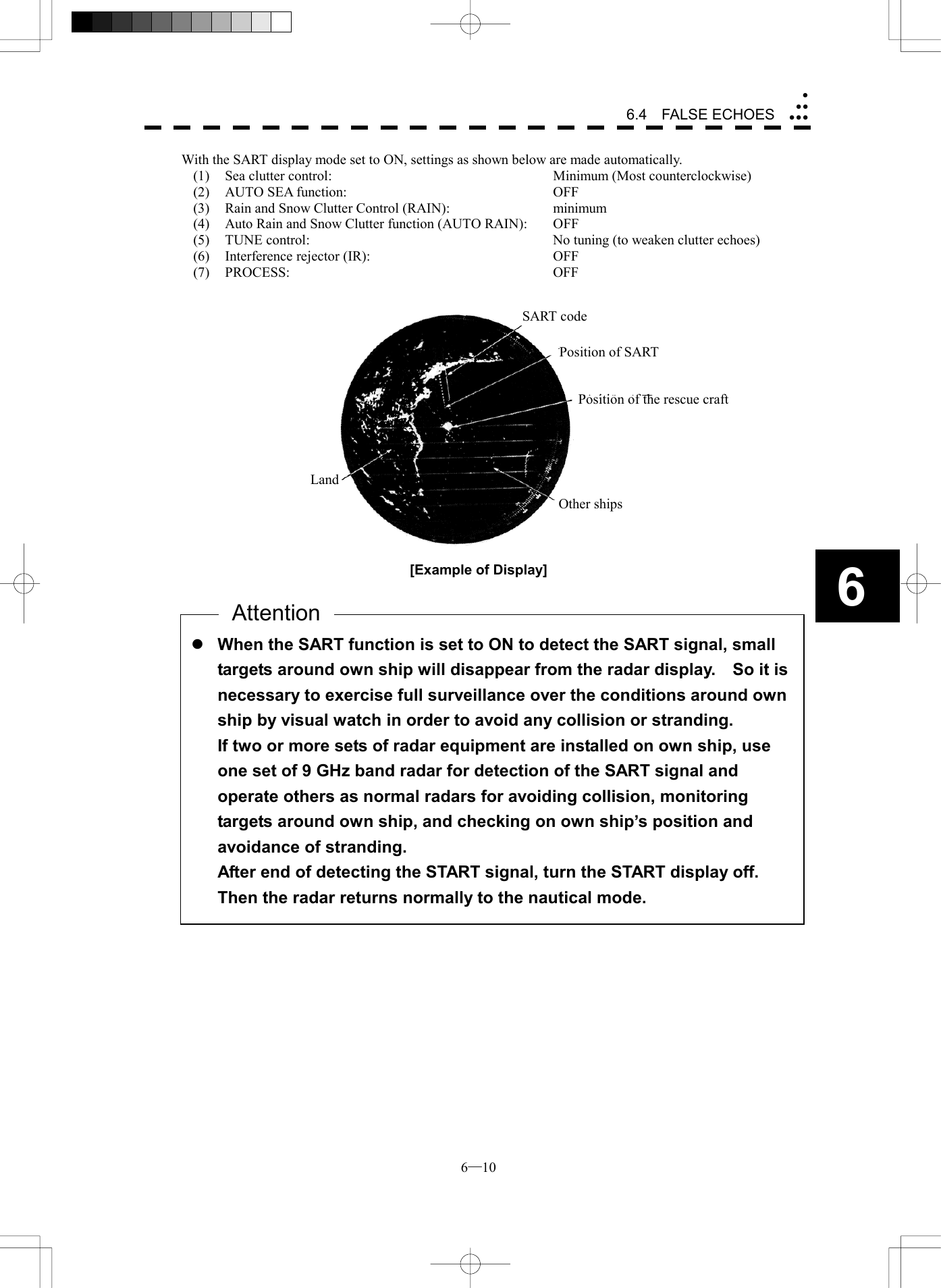  6─10 6.4  FALSE ECHOES6With the SART display mode set to ON, settings as shown below are made automatically. (1)  Sea clutter control:  Minimum (Most counterclockwise) (2)  AUTO SEA function:  OFF (3)  Rain and Snow Clutter Control (RAIN):  minimum (4)  Auto Rain and Snow Clutter function (AUTO RAIN):  OFF (5)  TUNE control:  No tuning (to weaken clutter echoes) (6)  Interference rejector (IR):  OFF (7) PROCESS:  OFF     [Example of Display]               SART code Position of SART Position of the rescue craft Other ships Landl When the SART function is set to ON to detect the SART signal, small targets around own ship will disappear from the radar display.    So it is necessary to exercise full surveillance over the conditions around own ship by visual watch in order to avoid any collision or stranding. If two or more sets of radar equipment are installed on own ship, use one set of 9 GHz band radar for detection of the SART signal and operate others as normal radars for avoiding collision, monitoring targets around own ship, and checking on own ship&rsquo;s position and avoidance of stranding. After end of detecting the START signal, turn the START display off. Then the radar returns normally to the nautical mode. Attention