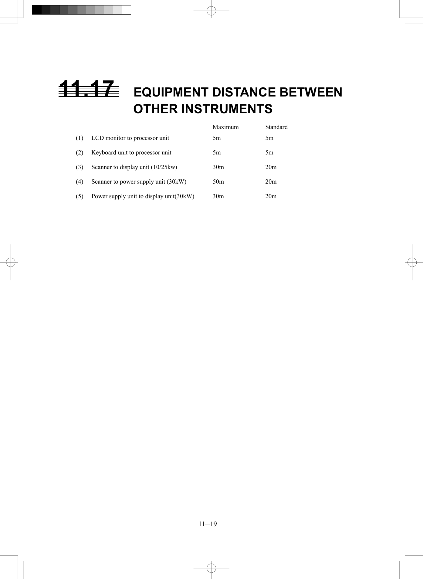  11─19  11.17  EQUIPMENT DISTANCE BETWEEN OTHER INSTRUMENTS     Maximum  Standard (1)  LCD monitor to processor unit  5m  5m  (2)  Keyboard unit to processor unit  5m  5m  (3)  Scanner to display unit (10/25kw)  30m  20m  (4)  Scanner to power supply unit (30kW)  50m  20m  (5)  Power supply unit to display unit(30kW)  30m  20m    