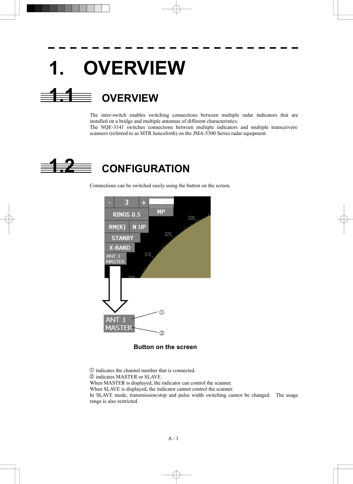  A - 1 1.  OVERVIEW 1.1 OVERVIEW  The inter-switch enables switching connections between multiple radar indicators that are installed on a bridge and multiple antennas of different characteristics. The NQE-3141 switches connections between multiple indicators and multiple transceivers/ scanners (referred to as MTR henceforth) on the JMA-5300 Series radar equipment.    1.2 CONFIGURATION  Connections can be switched easily using the button on the screen.                              c indicates the channel number that is connected. d indicates MASTER or SLAVE. When MASTER is displayed, the indicator can control the scanner. When SLAVE is displayed, the indicator cannot control the scanner. In SLAVE mode, transmission/stop and pulse width switching cannot be changed.  The usage range is also restricted.  cd Button on the screen 