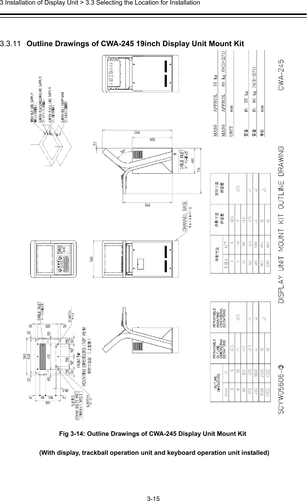  3 Installation of Display Unit &gt; 3.3 Selecting the Location for Installation 3-15   3.3.11   Outline Drawings of CWA-245 19inch Display Unit Mount Kit  Fig 3-14: Outline Drawings of CWA-245 Display Unit Mount Kit   (With display, trackball operation unit and keyboard operation unit installed)  