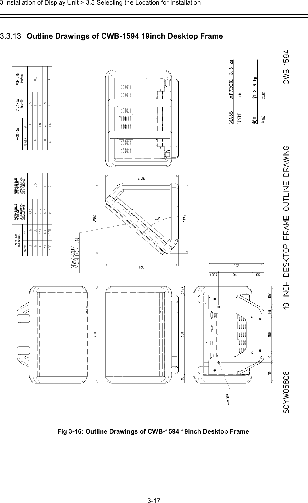  3 Installation of Display Unit &gt; 3.3 Selecting the Location for Installation 3-17   3.3.13   Outline Drawings of CWB-1594 19inch Desktop Frame  Fig 3-16: Outline Drawings of CWB-1594 19inch Desktop Frame 