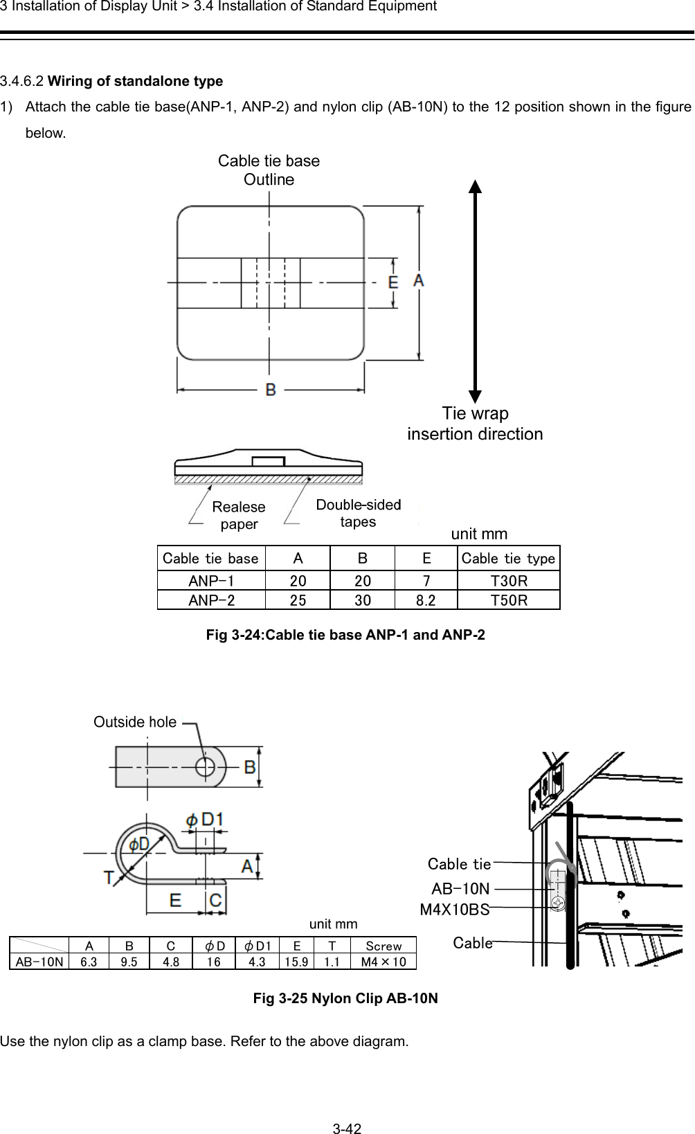 3 Installation of Display Unit &gt; 3.4 Installation of Standard Equipment 3-42   3.4.6.2 Wiring of standalone type 1)  Attach the cable tie base(ANP-1, ANP-2) and nylon clip (AB-10N) to the 12 position shown in the figure below. Cable tie base A B E Cable tie typeANP-1 20 20 7 T30RANP-2 25 30 8.2 T50R Fig 3-24:Cable tie base ANP-1 and ANP-2  ABCφDφD1ETScrewAB-10N 6.3 9.5 4.8 16 4.3 15.9 1.1 M4×10CableAB-10NCable tieM4X10BS Fig 3-25 Nylon Clip AB-10N Use the nylon clip as a clamp base. Refer to the above diagram. 