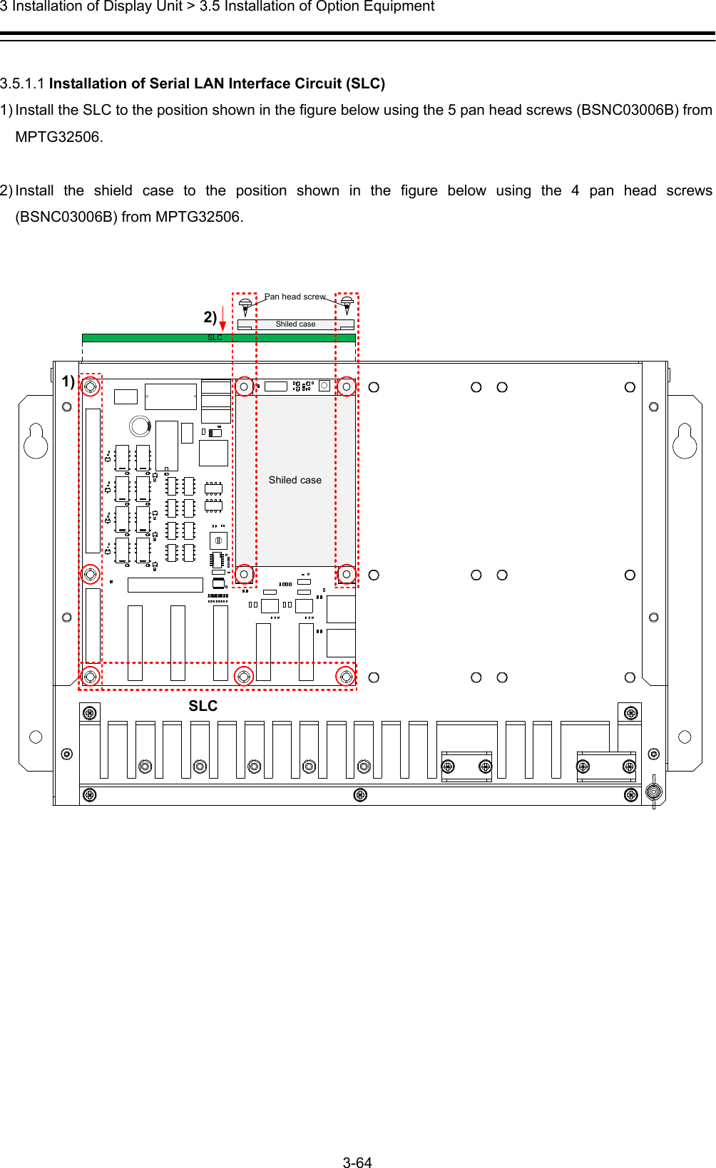  3 Installation of Display Unit &gt; 3.5 Installation of Option Equipment 3-64   3.5.1.1 Installation of Serial LAN Interface Circuit (SLC) 1) Install the SLC to the position shown in the figure below using the 5 pan head screws (BSNC03006B) from MPTG32506.  2) Install the shield case to the position shown in the figure below using the 4 pan head screws (BSNC03006B) from MPTG32506.   Shiled caseSLCShiled case2)1)PC810Pan head screwSLC 