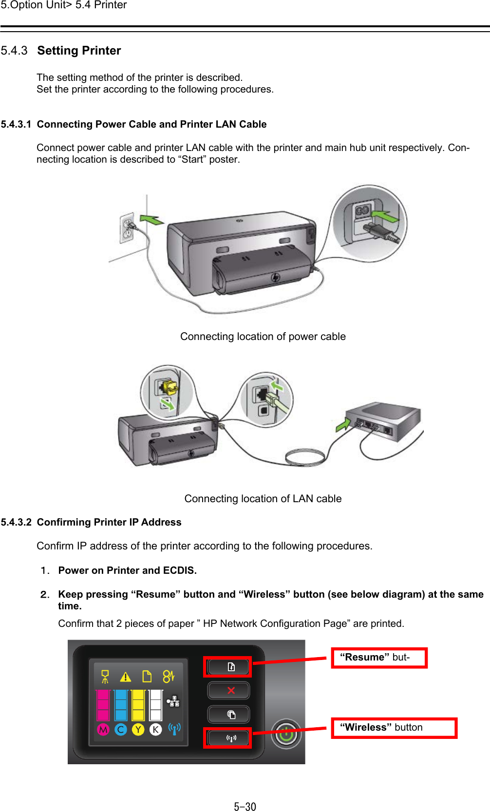 5.Option Unit&gt; 5.4 Printer 5-30  5.4.3   Setting Printer  The setting method of the printer is described.   Set the printer according to the following procedures.   5.4.3.1  Connecting Power Cable and Printer LAN Cable  Connect power cable and printer LAN cable with the printer and main hub unit respectively. Con-necting location is described to “Start” poster.    Connecting location of power cable    Connecting location of LAN cable  5.4.3.2  Confirming Printer IP Address  Confirm IP address of the printer according to the following procedures.  １． Power on Printer and ECDIS.  ２． Keep pressing “Resume” button and “Wireless” button (see below diagram) at the same time.  Confirm that 2 pieces of paper ” HP Network Configuration Page” are printed.  “Resume” but-“Wireless” button 
