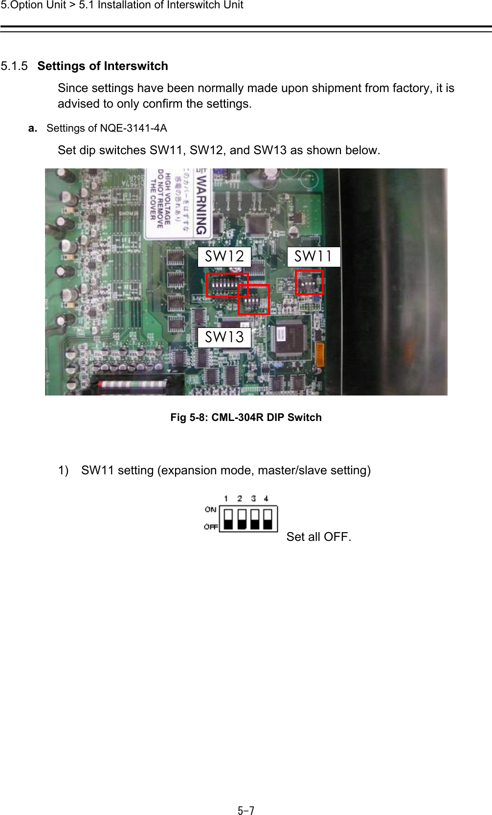 5.Option Unit &gt; 5.1 Installation of Interswitch Unit 5-7  5.1.5   Settings of Interswitch Since settings have been normally made upon shipment from factory, it is advised to only confirm the settings. a.  Settings of NQE-3141-4A Set dip switches SW11, SW12, and SW13 as shown below. SW11SW13SW12 Fig 5-8: CML-304R DIP Switch  1)   SW11 setting (expansion mode, master/slave setting) Set all OFF. 