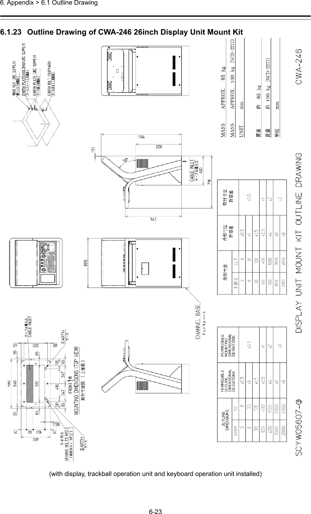  6. Appendix &gt; 6.1 Outline Drawing 6-23  6.1.23   Outline Drawing of CWA-246 26inch Display Unit Mount Kit   (with display, trackball operation unit and keyboard operation unit installed) 