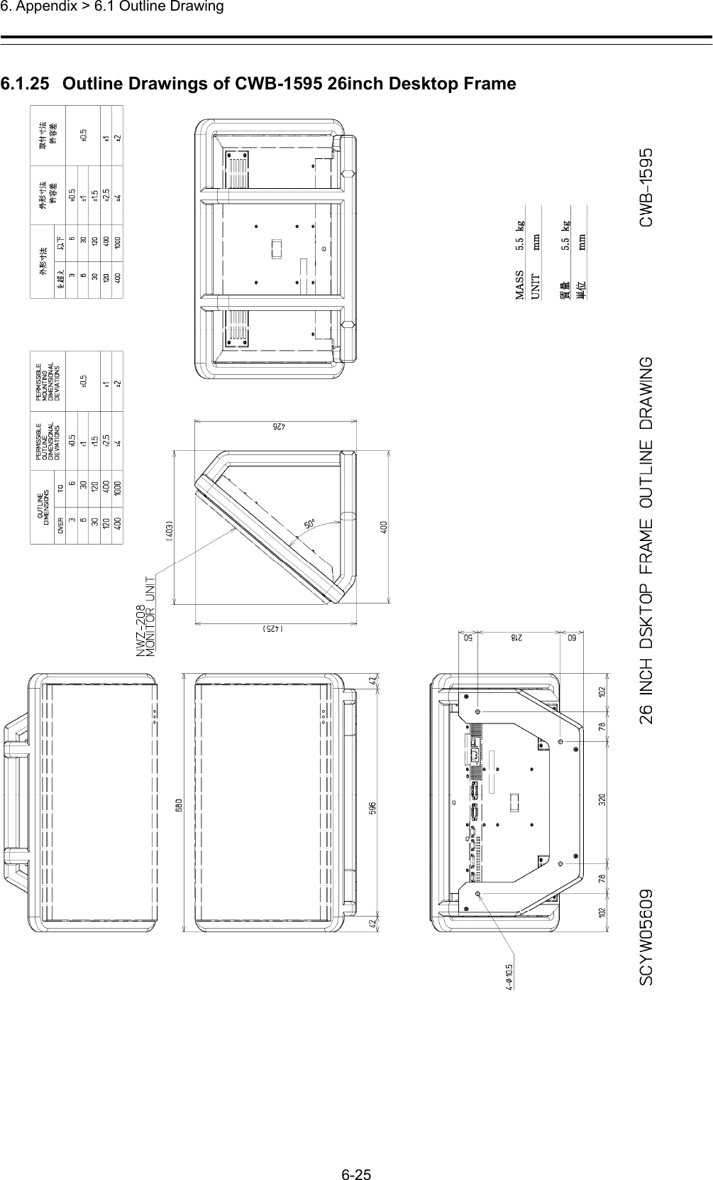  6. Appendix &gt; 6.1 Outline Drawing 6-25  6.1.25   Outline Drawings of CWB-1595 26inch Desktop Frame 