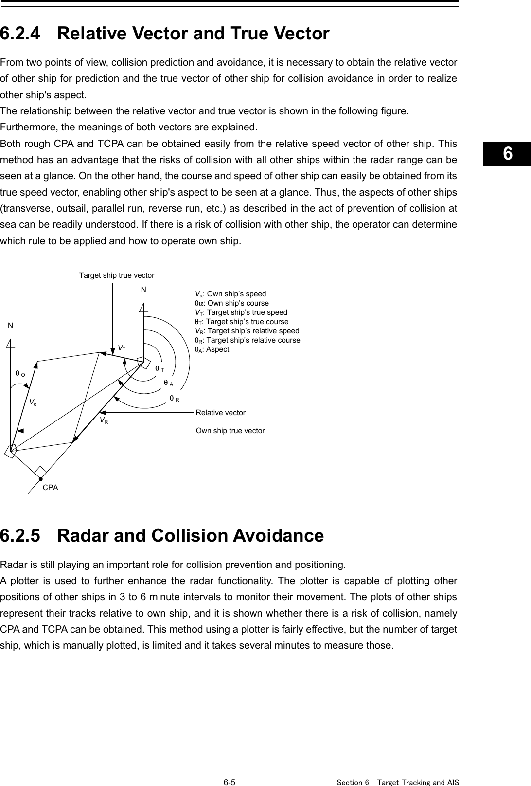   6-5  Section 6  Target Tracking and AIS    1  2  3  4  5  6  7  8  9  10  11  12  13  14  15  16  17  18  19  20  21  22  23  24  25  26  27      6.2.4 Relative Vector and True Vector From two points of view, collision prediction and avoidance, it is necessary to obtain the relative vector of other ship for prediction and the true vector of other ship for collision avoidance in order to realize other ship&apos;s aspect. The relationship between the relative vector and true vector is shown in the following figure. Furthermore, the meanings of both vectors are explained. Both rough CPA and TCPA can be obtained easily from the relative speed vector of other ship. This method has an advantage that the risks of collision with all other ships within the radar range can be seen at a glance. On the other hand, the course and speed of other ship can easily be obtained from its true speed vector, enabling other ship&apos;s aspect to be seen at a glance. Thus, the aspects of other ships (transverse, outsail, parallel run, reverse run, etc.) as described in the act of prevention of collision at sea can be readily understood. If there is a risk of collision with other ship, the operator can determine which rule to be applied and how to operate own ship.     6.2.5 Radar and Collision Avoidance Radar is still playing an important role for collision prevention and positioning. A plotter is used to further enhance the radar functionality. The plotter is capable of plotting other positions of other ships in 3 to 6 minute intervals to monitor their movement. The plots of other ships represent their tracks relative to own ship, and it is shown whether there is a risk of collision, namely CPA and TCPA can be obtained. This method using a plotter is fairly effective, but the number of target ship, which is manually plotted, is limited and it takes several minutes to measure those.     θ Tθ Rθ Aθ OVoVRVTVα: Own ship’s speedθα: Own ship’s courseVT: Target ship’s true speedθT: Target ship’s true courseVR: Target ship’s relative speedθR: Target ship’s relative courseθA: AspectNNCPARelative vectorOwn ship true vectorTarget ship true vector