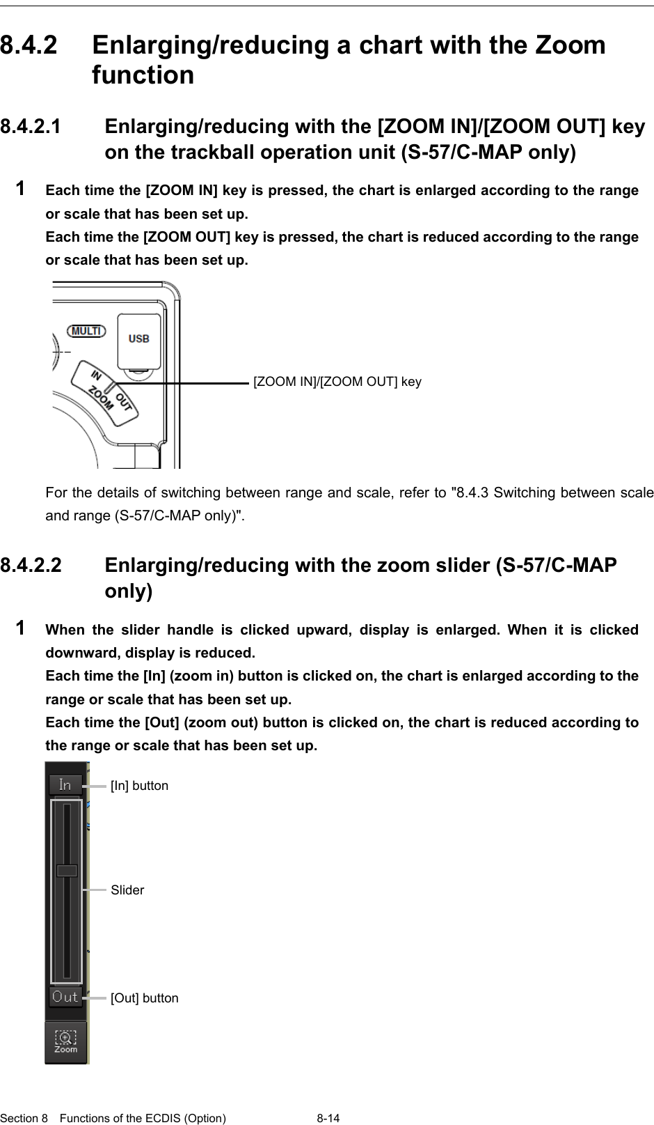  Section 8  Functions of the ECDIS (Option) 8-14  8.4.2 Enlarging/reducing a chart with the Zoom function    8.4.2.1 Enlarging/reducing with the [ZOOM IN]/[ZOOM OUT] key on the trackball operation unit (S-57/C-MAP only) 1  Each time the [ZOOM IN] key is pressed, the chart is enlarged according to the range or scale that has been set up.   Each time the [ZOOM OUT] key is pressed, the chart is reduced according to the range or scale that has been set up.  For the details of switching between range and scale, refer to &quot;8.4.3 Switching between scale and range (S-57/C-MAP only)&quot;.  8.4.2.2 Enlarging/reducing with the zoom slider (S-57/C-MAP only)   1  When the slider handle is clicked upward, display is enlarged. When it is clicked downward, display is reduced.   Each time the [In] (zoom in) button is clicked on, the chart is enlarged according to the range or scale that has been set up.   Each time the [Out] (zoom out) button is clicked on, the chart is reduced according to the range or scale that has been set up.    [ZOOM IN]/[ZOOM OUT] key [In] button  Slider [Out] button 