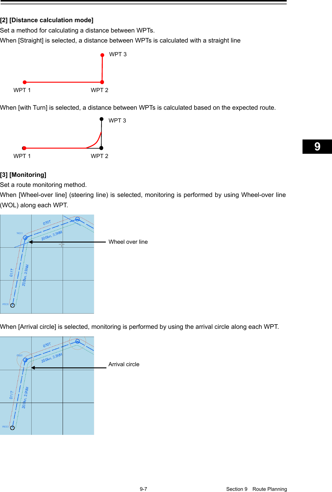    9-7  Section 9  Route Planning    1  2  3  4  5  6  7  8  9  10  11  12  13  14  15  16  17  18  19  20  21  22  23  24  25  26  27      [2] [Distance calculation mode] Set a method for calculating a distance between WPTs. When [Straight] is selected, a distance between WPTs is calculated with a straight line  When [with Turn] is selected, a distance between WPTs is calculated based on the expected route.  [3] [Monitoring] Set a route monitoring method. When [Wheel-over line] (steering line) is selected, monitoring is performed by using Wheel-over line (WOL) along each WPT.    When [Arrival circle] is selected, monitoring is performed by using the arrival circle along each WPT.      WPT 1 WPT 2 WPT 3 WPT 1 WPT 2 WPT 3  Wheel over line Arrival circle    