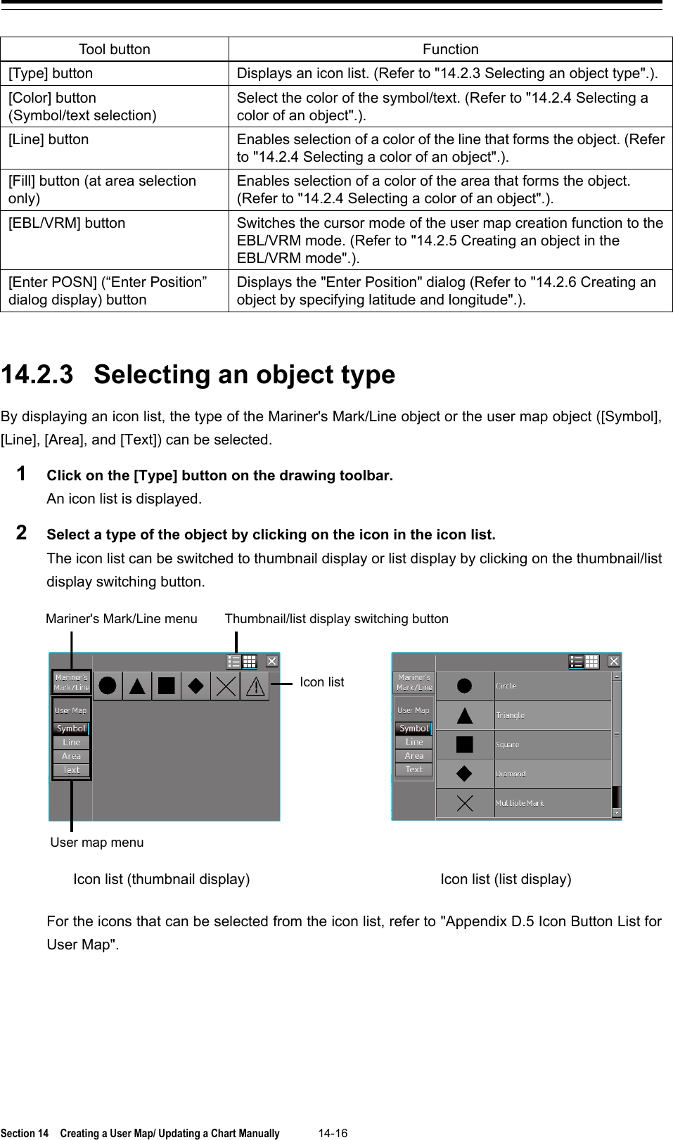  Section 14  Creating a User Map/ Updating a Chart Manually 14-16  Tool button Function [Type] button    Displays an icon list. (Refer to &quot;14.2.3 Selecting an object type&quot;.). [Color] button (Symbol/text selection) Select the color of the symbol/text. (Refer to &quot;14.2.4 Selecting a color of an object&quot;.). [Line] button Enables selection of a color of the line that forms the object. (Refer to &quot;14.2.4 Selecting a color of an object&quot;.). [Fill] button (at area selection only) Enables selection of a color of the area that forms the object. (Refer to &quot;14.2.4 Selecting a color of an object&quot;.). [EBL/VRM] button    Switches the cursor mode of the user map creation function to the EBL/VRM mode. (Refer to &quot;14.2.5 Creating an object in the EBL/VRM mode&quot;.). [Enter POSN] (“Enter Position” dialog display) button Displays the &quot;Enter Position&quot; dialog (Refer to &quot;14.2.6 Creating an object by specifying latitude and longitude&quot;.).   14.2.3 Selecting an object type By displaying an icon list, the type of the Mariner&apos;s Mark/Line object or the user map object ([Symbol], [Line], [Area], and [Text]) can be selected. 1  Click on the [Type] button on the drawing toolbar. An icon list is displayed. 2  Select a type of the object by clicking on the icon in the icon list. The icon list can be switched to thumbnail display or list display by clicking on the thumbnail/list display switching button.  For the icons that can be selected from the icon list, refer to &quot;Appendix D.5 Icon Button List for User Map&quot;.  Icon list Thumbnail/list display switching button Mariner&apos;s Mark/Line menu User map menu Icon list (thumbnail display) Icon list (list display) 