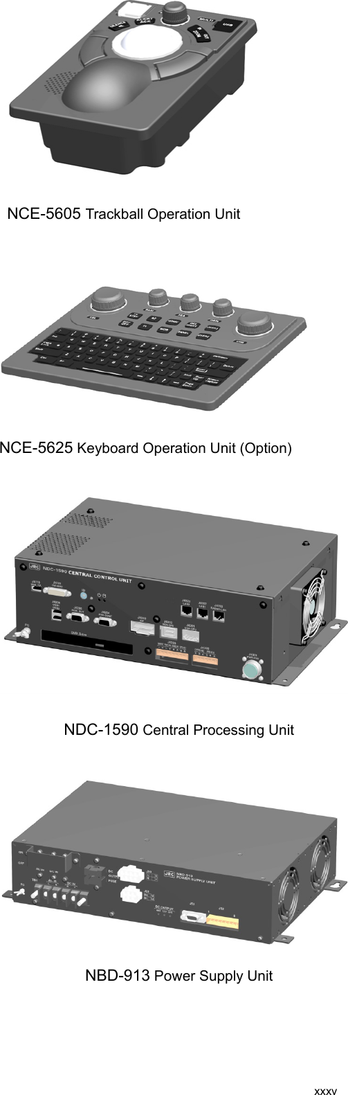  xxxv    NCE-5605 Trackball Operation Unit     NCE-5625 Keyboard Operation Unit (Option)       NDC-1590 Central Processing Unit      NBD-913 Power Supply Unit     