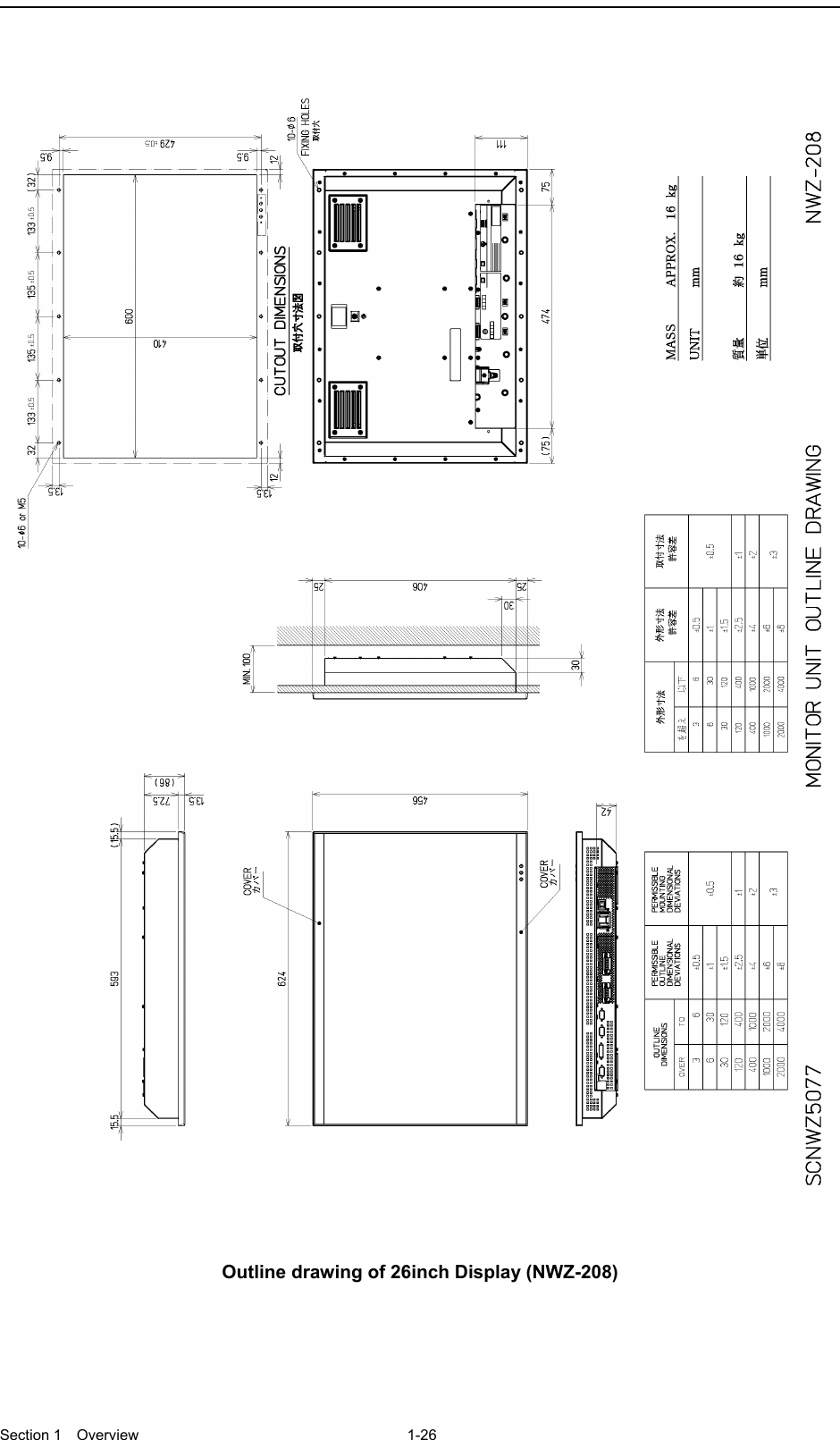  Section 1  Overview 1-26    Outline drawing of 26inch Display (NWZ-208)   
