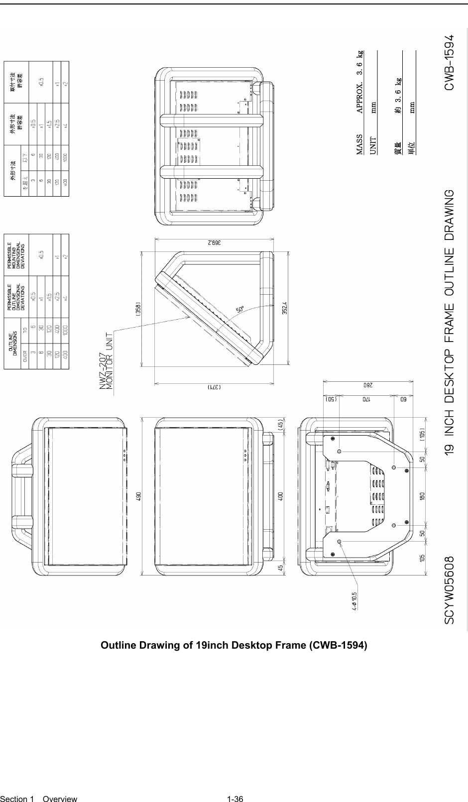  Section 1  Overview 1-36   Outline Drawing of 19inch Desktop Frame (CWB-1594)  