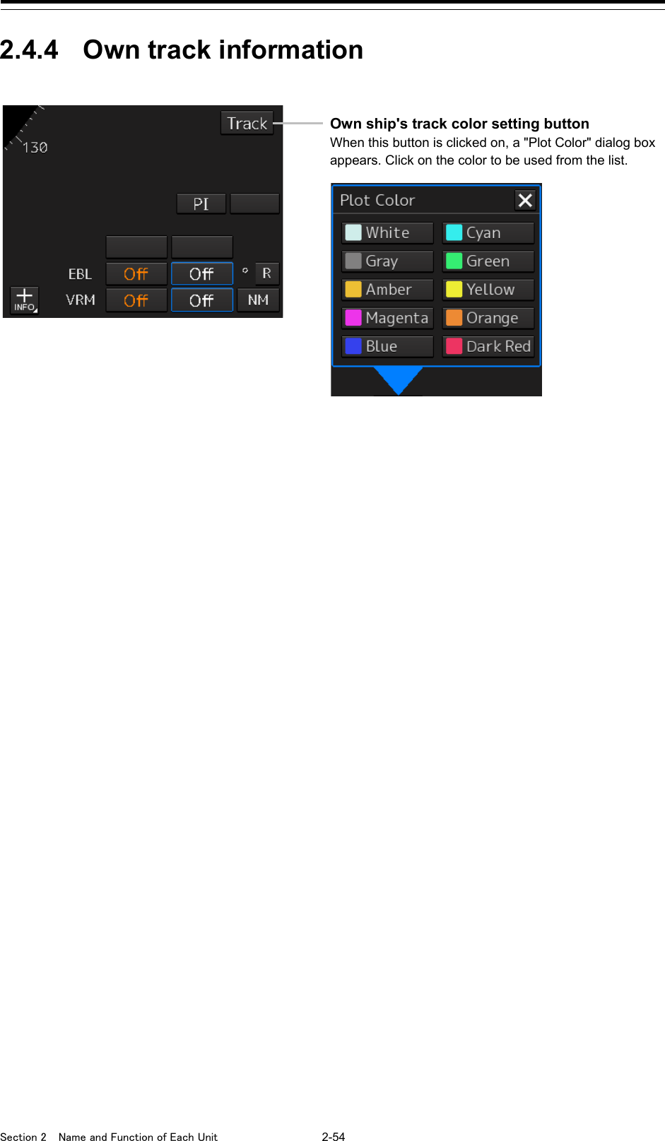  Section 2  Name and Function of Each Unit  2-54  2.4.4 Own track information     Own ship&apos;s track color setting button When this button is clicked on, a &quot;Plot Color&quot; dialog box appears. Click on the color to be used from the list. 