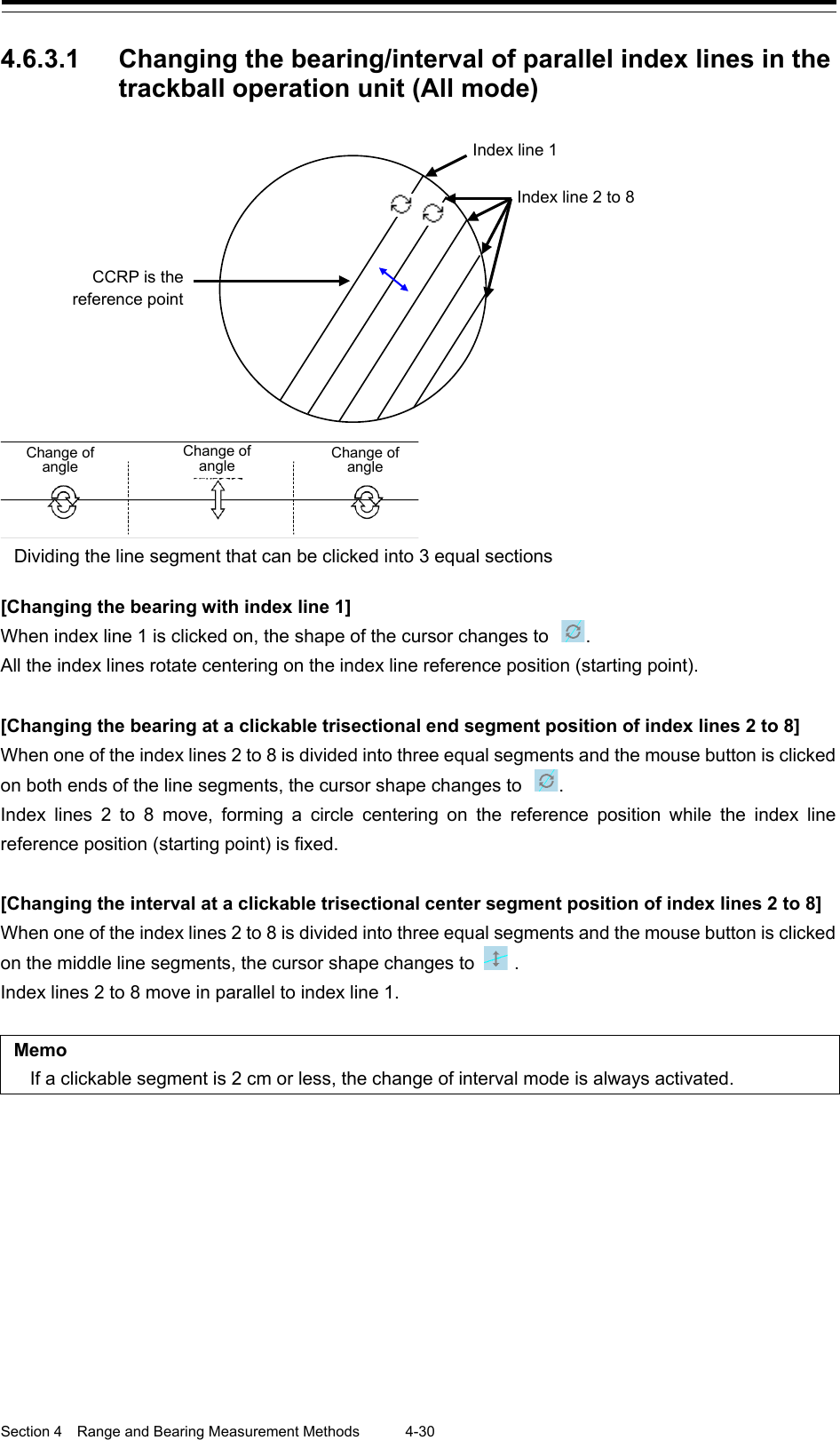  Section 4  Range and Bearing Measurement Methods 4-30  4.6.3.1 Changing the bearing/interval of parallel index lines in the trackball operation unit (All mode)            [Changing the bearing with index line 1] When index line 1 is clicked on, the shape of the cursor changes to  . All the index lines rotate centering on the index line reference position (starting point).  [Changing the bearing at a clickable trisectional end segment position of index lines 2 to 8]   When one of the index lines 2 to 8 is divided into three equal segments and the mouse button is clicked on both ends of the line segments, the cursor shape changes to  . Index lines 2 to 8 move, forming a circle centering on the reference position while the index line reference position (starting point) is fixed.  [Changing the interval at a clickable trisectional center segment position of index lines 2 to 8]   When one of the index lines 2 to 8 is divided into three equal segments and the mouse button is clicked on the middle line segments, the cursor shape changes to  . Index lines 2 to 8 move in parallel to index line 1.  Memo If a clickable segment is 2 cm or less, the change of interval mode is always activated.    Change of angle Change of angle Change of angle Dividing the line segment that can be clicked into 3 equal sections      CCRP is the  reference point Index line 1 Index line 2 to 8 