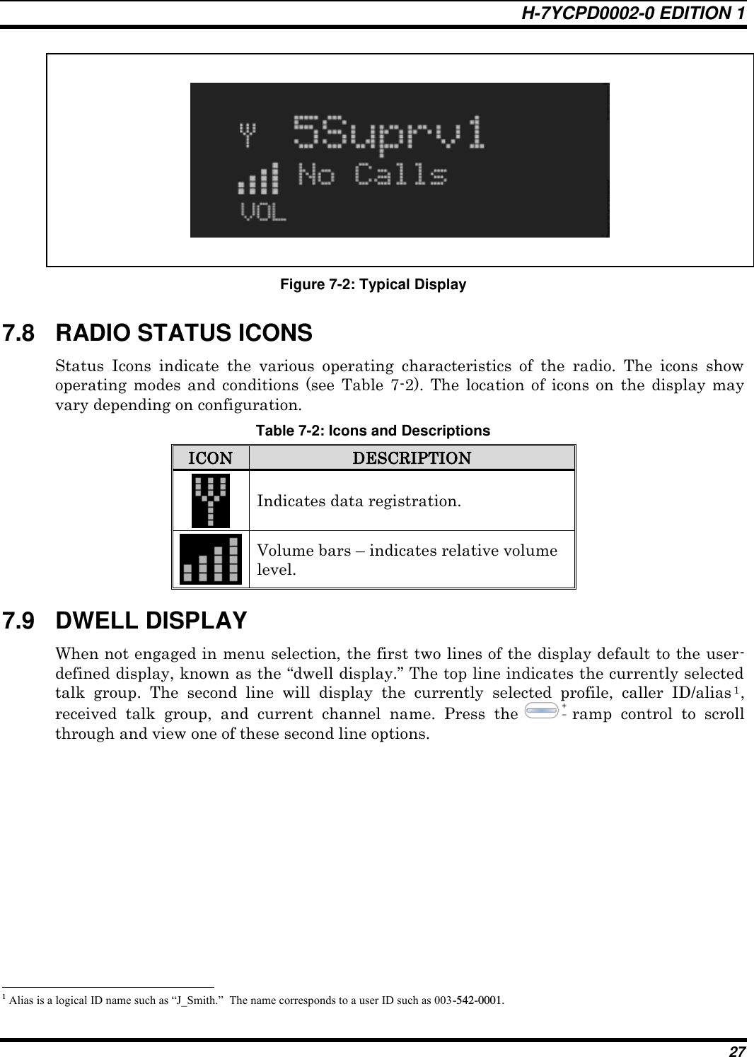 H-7YCPD0002-0 EDITION 1 27    Figure 7-2: Typical Display 7.8  RADIO STATUS ICONS Status  Icons  indicate  the  various  operating  characteristics  of  the  radio.  The  icons  show operating modes and  conditions  (see  Table  7-2). The location  of  icons on the display  may vary depending on configuration. Table 7-2: Icons and Descriptions ICON DESCRIPTION  Indicates data registration.  Volume bars – indicates relative volume level. 7.9  DWELL DISPLAY When not engaged in menu selection, the first two lines of the display default to the user-defined display, known as the “dwell display.” The top line indicates the currently selected talk  group.  The  second  line  will  display  the  currently  selected  profile,  caller  ID/alias 1, received  talk  group,  and  current  channel  name.  Press  the   ramp  control  to  scroll through and view one of these second line options.                                                             1 Alias is a logical ID name such as “J_Smith.”  The name corresponds to a user ID such as 003-542-0001. 