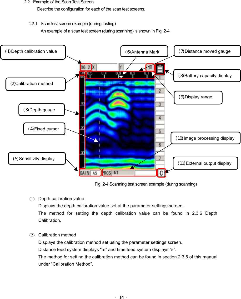  2.2   Example of the Scan Test Screen Describe the configuration for each of the scan test screens.  2.2.1   Scan test screen example (during testing) An example of a scan test screen (during scanning) is shown in Fig. 2-4.                     (2)Calibration method (6)Antenna Mark (7)Distance moved gauge (1)Depth calibration value (3)Depth gauge (4)Fixed cursor (8)Battery capacity display (10)Image processing display (11)External output display (9)Display range (5)Sensitivity display Fig. 2-4 Scanning test screen example (during scanning)  (1)  Depth calibration value Displays the depth calibration value set at the parameter settings screen. The method for setting the depth calibration value can be found in 2.3.6 Depth Calibration.  (2)  Calibration method Displays the calibration method set using the parameter settings screen. Distance feed system displays “m” and time feed system displays “s”. The method for setting the calibration method can be found in section 2.3.5 of this manual under “Calibration Method”.  - 14 - 