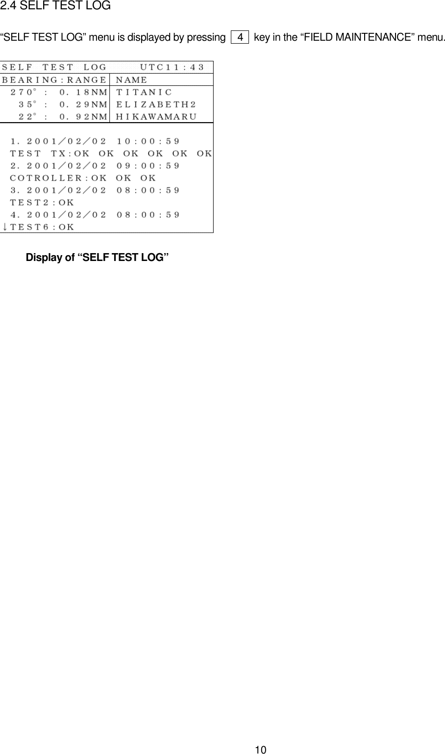 102.4 SELF TEST LOG“SELF TEST LOG” menu is displayed by pressing    4    key in the “FIELD MAINTENANCE” menu.     Display of “SELF TEST LOG”