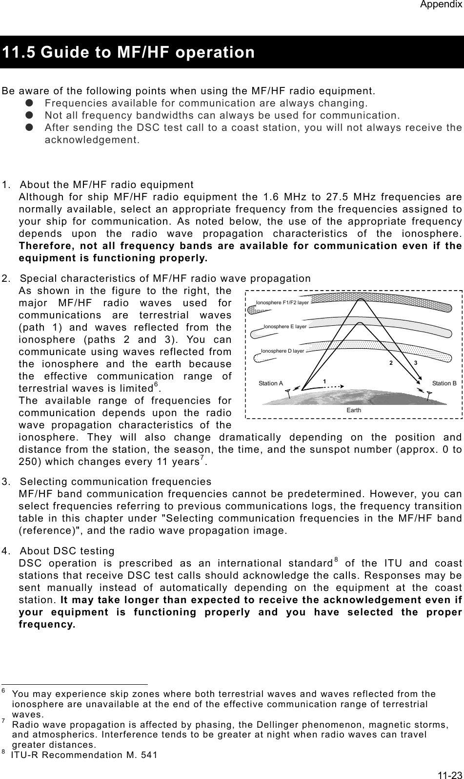 Appendix  11-23  11.5 Guide to MF/HF operation    Be aware of the following points when using the MF/HF radio equipment.   z  Frequencies available for communication are always changing.   z  Not all frequency bandwidths can always be used for communication.   z  After sending the DSC test call to a coast station, you will not always receive the acknowledgement.    1.  About the MF/HF radio equipment   Although for ship MF/HF radio equipment the 1.6 MHz to 27.5 MHz frequencies are normally available, select an appropriate frequency from the frequencies assigned to your ship for communication. As noted below, the use of the appropriate frequency depends upon the radio wave propagation characteristics of the ionosphere. Therefore, not all frequency bands are available for communication even if the equipment is functioning properly.   2.  Special characteristics of MF/HF radio wave propagation   As shown in the figure to the right, the major MF/HF radio waves used for communications are terrestrial waves (path 1) and waves reflected from the ionosphere (paths 2 and 3). You can communicate using waves reflected from the ionosphere and the earth because the effective communication range of terrestrial waves is limited6.  The available range of frequencies for communication depends upon the radio wave propagation characteristics of the ionosphere. They will also change dramatically depending on the position and distance from the station, the season, the time, and the sunspot number (approx. 0 to 250) which changes every 11 years7.  3.  Selecting communication frequencies   MF/HF band communication frequencies cannot be predetermined. However, you can select frequencies referring to previous communications logs, the frequency transition table in this chapter under &quot;Selecting communication frequencies in the MF/HF band (reference)&quot;, and the radio wave propagation image.   4.  About DSC testing   DSC operation is prescribed as an international standard8 of the ITU and coast stations that receive DSC test calls should acknowledge the calls. Responses may be sent manually instead of automatically depending on the equipment at the coast station. It may take longer than expected to receive the acknowledgement even if your equipment is functioning properly and you have selected the proper frequency.                                                          6  You may experience skip zones where both terrestrial waves and waves reflected from the ionosphere are unavailable at the end of the effective communication range of terrestrial waves.  7  Radio wave propagation is affected by phasing, the Dellinger phenomenon, magnetic storms, and atmospherics. Interference tends to be greater at night when radio waves can travel greater distances.   8  ITU-R Recommendation M. 541   無線局 A23無線局 B1電離層　 F1/F2層電離層　 E層電離層　 D層地表Ionosphere F1/F2 layerIonosphere E layerIonosphere D layerStation AEarth Station B