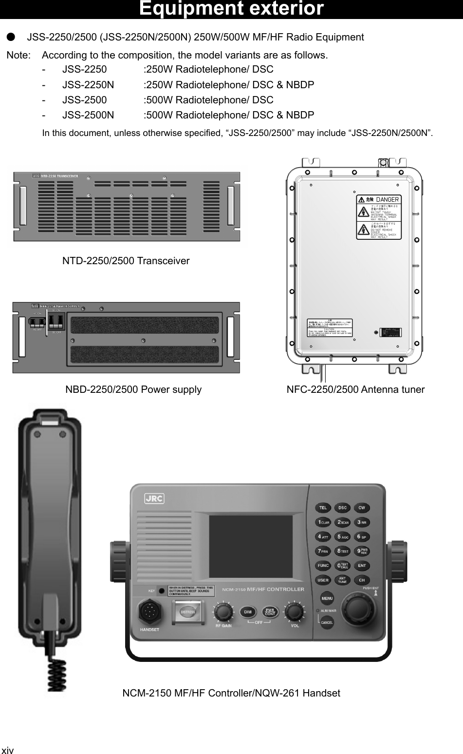 xiv Equipment exterior    ● JSS-2250/2500 (JSS-2250N/2500N) 250W/500W MF/HF Radio Equipment   Note:  According to the composition, the model variants are as follows. - JSS-2250  :250W Radiotelephone/ DSC -  JSS-2250N  :250W Radiotelephone/ DSC &amp; NBDP - JSS-2500  :500W Radiotelephone/ DSC -  JSS-2500N  :500W Radiotelephone/ DSC &amp; NBDP In this document, unless otherwise specified, “JSS-2250/2500” may include “JSS-2250N/2500N”.           NTD-2250/2500 Transceiver             NBD-2250/2500 Power supply    NFC-2250/2500 Antenna tuner                            NCM-2150 MF/HF Controller/NQW-261 Handset    