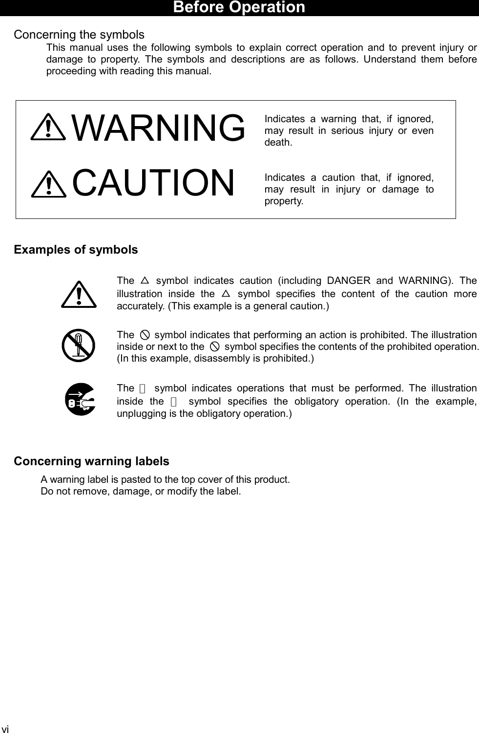 viWARNINGBefore Operation  Concerning the symbolsThis manual uses the following symbols to explain correct operation and to prevent injury ordamage to property. The symbols and descriptions are as follows. Understand them beforeproceeding with reading this manual.Indicates a warning that, if ignored,may result in serious injury or evendeath.Indicates a caution that, if ignored,may result in injury or damage toproperty.  Examples of symbolsThe  △ symbol indicates caution (including DANGER and WARNING). Theillustration inside the △ symbol specifies the content of the caution moreaccurately. (This example is a general caution.)The     symbol indicates that performing an action is prohibited. The illustrationinside or next to the     symbol specifies the contents of the prohibited operation.(In this example, disassembly is prohibited.)The  ● symbol indicates operations that must be performed. The illustrationinside the ● symbol specifies the obligatory operation. (In the example,unplugging is the obligatory operation.)  Concerning warning labelsA warning label is pasted to the top cover of this product.Do not remove, damage, or modify the label.CAUTION