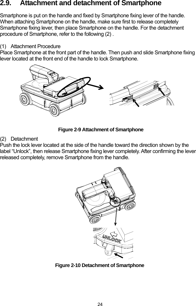  24 2.9.  Attachment and detachment of Smartphone Smartphone is put on the handle and fixed by Smartphone fixing lever of the handle.   When attaching Smartphone on the handle, make sure first to release completely Smartphone fixing lever, then place Smartphone on the handle. For the detachment   procedure of Smartphone, refer to the following (2) .  (1) Attachment Procedure Place Smartphone at the front part of the handle. Then push and slide Smartphone fixing lever located at the front end of the handle to lock Smartphone.             Figure 2-9 Attachment of Smartphone (2) Detachment  Push the lock lever located at the side of the handle toward the direction shown by the label “Unlock”, then release Smartphone fixing lever completely. After confirming the lever released completely, remove Smartphone from the handle.                 Figure 2-10 Detachment of Smartphone 