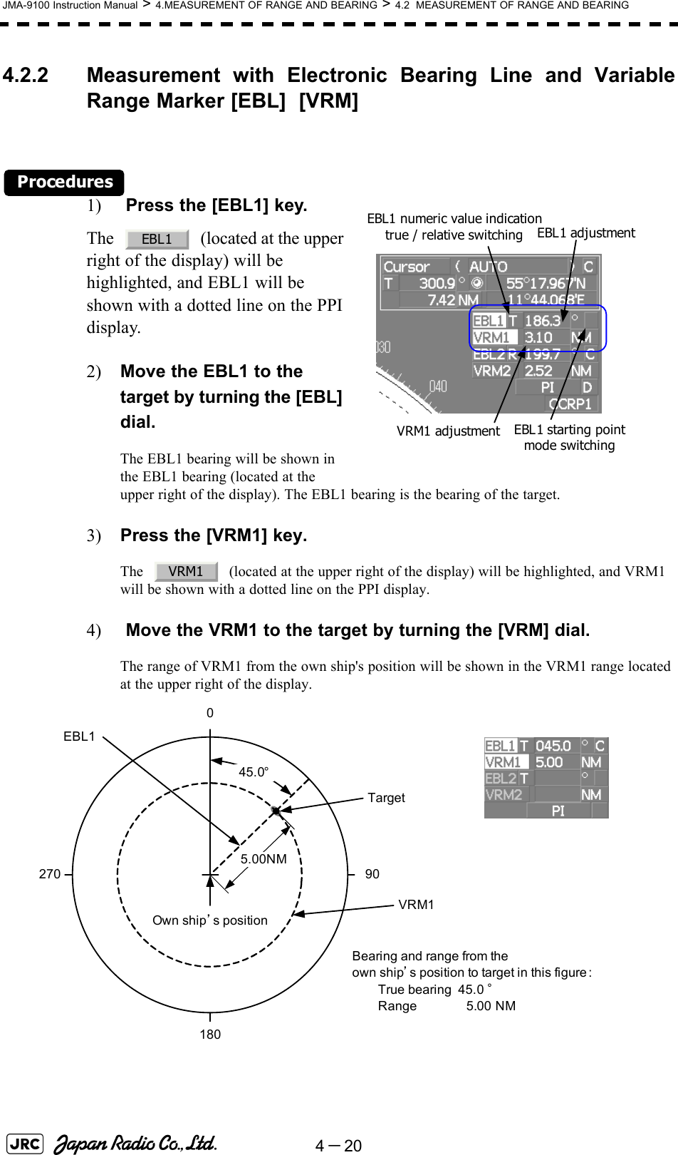 4－20JMA-9100 Instruction Manual &gt; 4.MEASUREMENT OF RANGE AND BEARING &gt; 4.2  MEASUREMENT OF RANGE AND BEARING4.2.2 Measurement with Electronic Bearing Line and VariableRange Marker [EBL]  [VRM] Procedures1)  Press the [EBL1] key.The     (located at the upper right of the display) will be highlighted, and EBL1 will be shown with a dotted line on the PPI display.2) Move the EBL1 to the target by turning the [EBL] dial.The EBL1 bearing will be shown in the EBL1 bearing (located at the upper right of the display). The EBL1 bearing is the bearing of the target.3) Press the [VRM1] key.The     (located at the upper right of the display) will be highlighted, and VRM1 will be shown with a dotted line on the PPI display.4)  Move the VRM1 to the target by turning the [VRM] dial.The range of VRM1 from the own ship&apos;s position will be shown in the VRM1 range located at the upper right of the display.EBL1 adjustmentVRM1 adjustmentEBL1 numeric value indication true / relative switchingEBL1 starting point mode switchingEBL1VRM1TargetEBL11800 90270VRM15.00NMBearing and range from theown ship’s position to target in this figure:True bearing  45.0 °Range 5.00 NM45.0°Own ship’s position