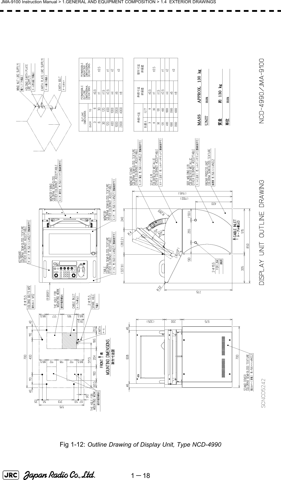 1－18JMA-9100 Instruction Manual &gt; 1.GENERAL AND EQUIPMENT COMPOSITION &gt; 1.4  EXTERIOR DRAWINGSFig 1-12: Outline Drawing of Display Unit, Type NCD-4990