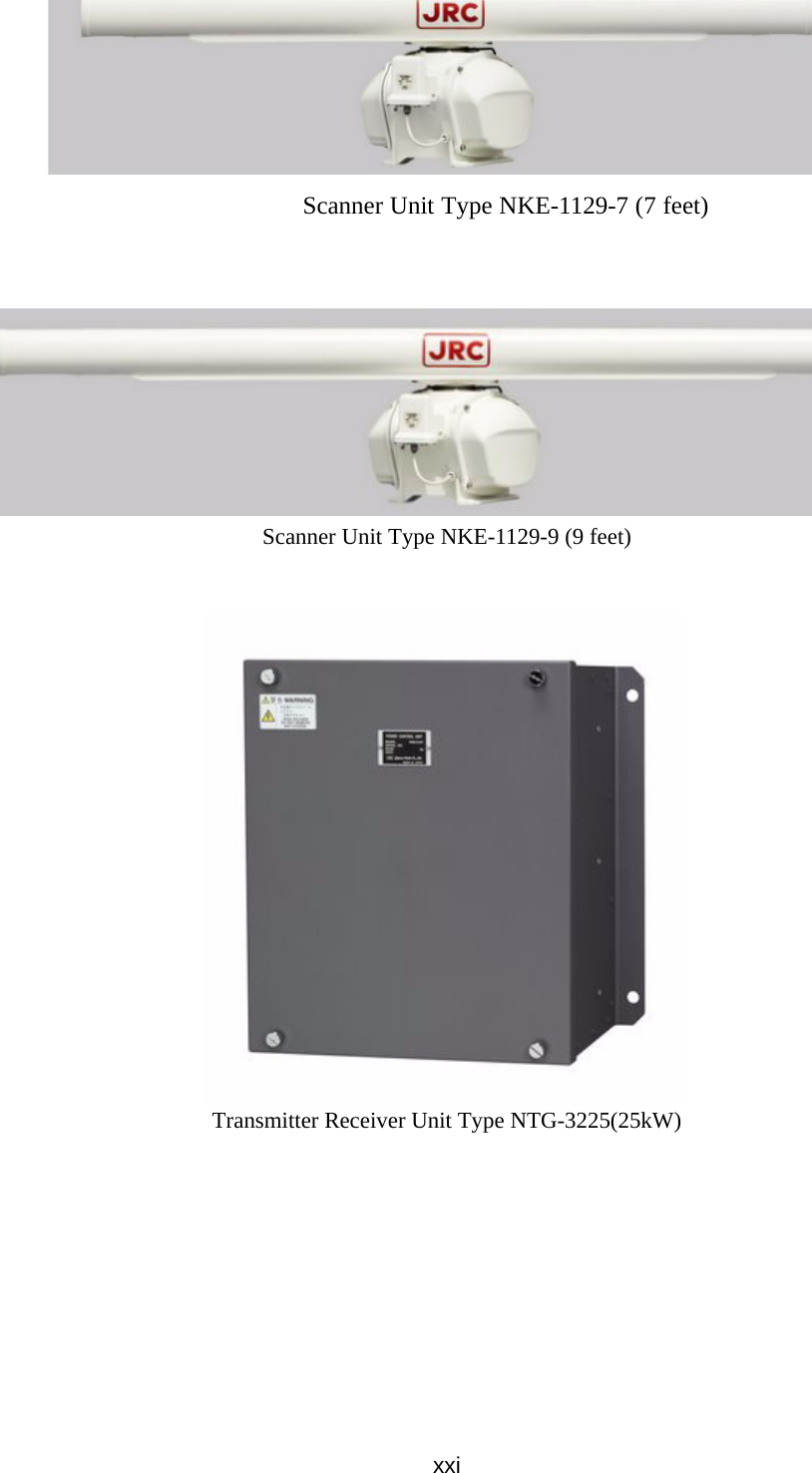 xxiScanner Unit Type NKE-1129-7 (7 feet)Scanner Unit Type NKE-1129-9 (9 feet)Transmitter Receiver Unit Type NTG-3225(25kW)