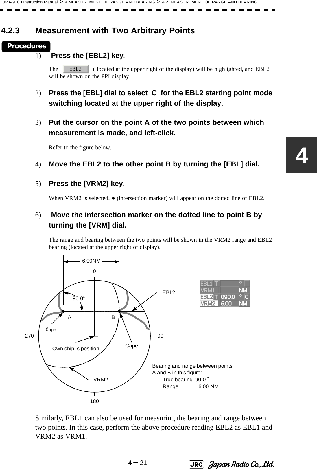 JMA-9100 Instruction Manual &gt; 4.MEASUREMENT OF RANGE AND BEARING &gt; 4.2  MEASUREMENT OF RANGE AND BEARING4－2144.2.3 Measurement with Two Arbitrary PointsProcedures1)  Press the [EBL2] key.The     ( located at the upper right of the display) will be highlighted, and EBL2 will be shown on the PPI display.2) Press the [EBL] dial to select  C  for the EBL2 starting point mode switching located at the upper right of the display.3) Put the cursor on the point A of the two points between which measurement is made, and left-click.Refer to the figure below.4) Move the EBL2 to the other point B by turning the [EBL] dial.5) Press the [VRM2] key.When VRM2 is selected, ● (intersection marker) will appear on the dotted line of EBL2.6)  Move the intersection marker on the dotted line to point B by turning the [VRM] dial.The range and bearing between the two points will be shown in the VRM2 range and EBL2 bearing (located at the upper right of display).Similarly, EBL1 can also be used for measuring the bearing and range between two points. In this case, perform the above procedure reading EBL2 as EBL1 and VRM2 as VRM1.EBL2CapeEBL290.0°1800 90270VRM26.00NMBearing and range between pointsA and B in this figure:True bearing  90.0 °Range 6.00 NMCapeABOwn ship’s position