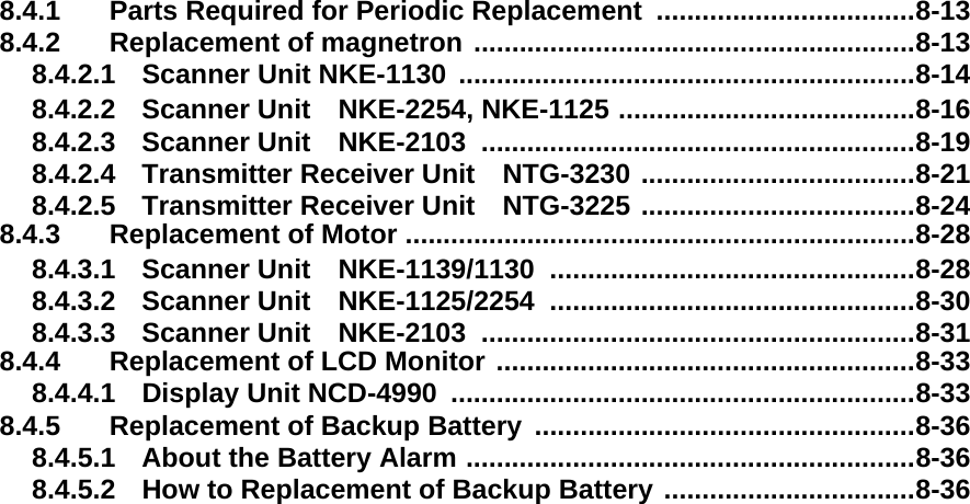 8.4.1 Parts Required for Periodic Replacement ..................................8-138.4.2 Replacement of magnetron ..........................................................8-138.4.2.1 Scanner Unit NKE-1130  ............................................................8-148.4.2.2 Scanner Unit　NKE-2254, NKE-1125 .......................................8-168.4.2.3 Scanner Unit　NKE-2103 .........................................................8-198.4.2.4 Transmitter Receiver Unit　NTG-3230 ....................................8-218.4.2.5 Transmitter Receiver Unit　NTG-3225 ....................................8-248.4.3 Replacement of Motor ...................................................................8-288.4.3.1 Scanner Unit　NKE-1139/1130 ................................................8-288.4.3.2 Scanner Unit　NKE-1125/2254 ................................................8-308.4.3.3 Scanner Unit　NKE-2103 .........................................................8-318.4.4 Replacement of LCD Monitor .......................................................8-338.4.4.1 Display Unit NCD-4990 .............................................................8-338.4.5 Replacement of Backup Battery  ..................................................8-368.4.5.1 About the Battery Alarm ...........................................................8-368.4.5.2 How to Replacement of Backup Battery .................................8-36
