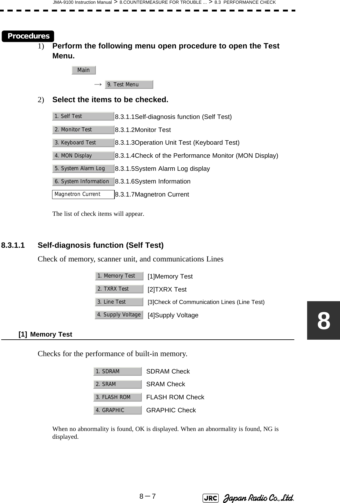 JMA-9100 Instruction Manual &gt; 8.COUNTERMEASURE FOR TROUBLE ... &gt; 8.3  PERFORMANCE CHECK8－78Procedures1) Perform the following menu open procedure to open the Test Menu.→  2) Select the items to be checked.The list of check items will appear.8.3.1.1 Self-diagnosis function (Self Test)Check of memory, scanner unit, and communications Lines[1] Memory TestChecks for the performance of built-in memory.When no abnormality is found, OK is displayed. When an abnormality is found, NG is displayed. 8.3.1.1Self-diagnosis function (Self Test)8.3.1.2Monitor Test8.3.1.3Operation Unit Test (Keyboard Test)8.3.1.4Check of the Performance Monitor (MON Display)8.3.1.5System Alarm Log display8.3.1.6System Information8.3.1.7Magnetron Current[1]Memory Test[2]TXRX Test[3]Check of Communication Lines (Line Test)[4]Supply VoltageSDRAM CheckSRAM CheckFLASH ROM CheckGRAPHIC CheckMain9. Test Menu1. Self Test2. Monitor Test3. Keyboard Test4. MON Display5. System Alarm Log6. System InformationMagnetron Current1. Memory Test2. TXRX Test3. Line Test4. Supply Voltage1. SDRAM2. SRAM3. FLASH ROM4. GRAPHIC